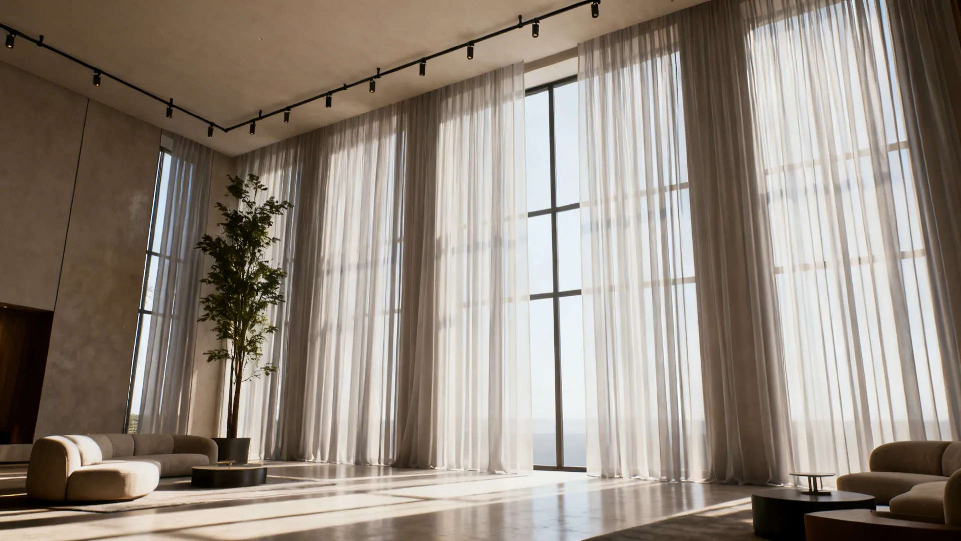 Living room with floor-to-ceiling sheer curtains that visually stretch the ceiling height.