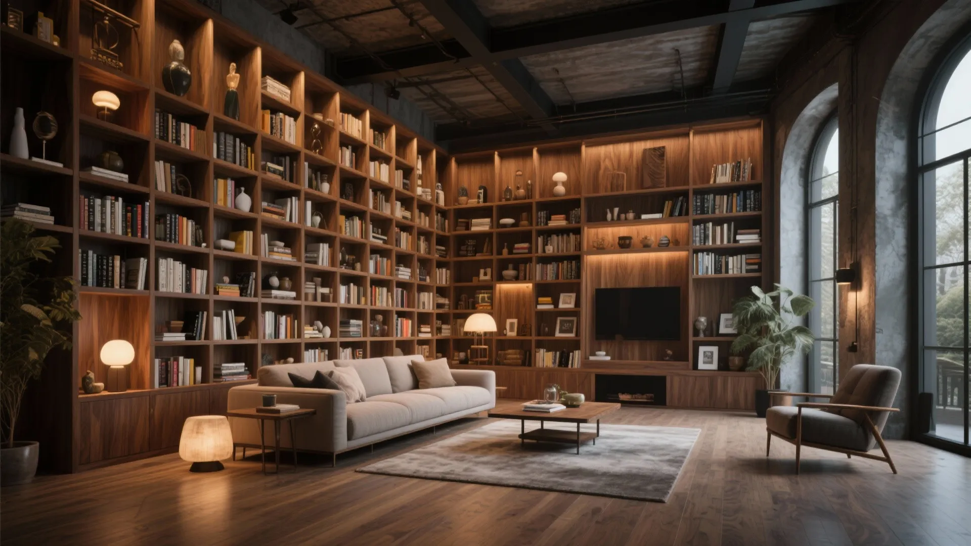 Large floor to ceiling wooden cabinet unit in living room with sofa, rug, and windows