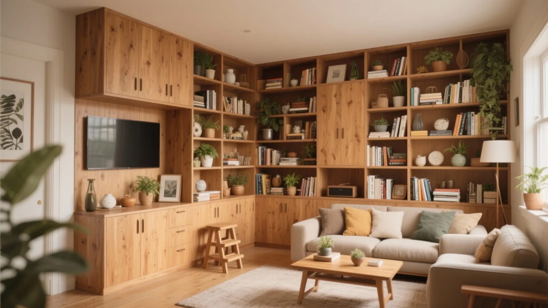 Built-in floor-to-ceiling storage in a small living room
