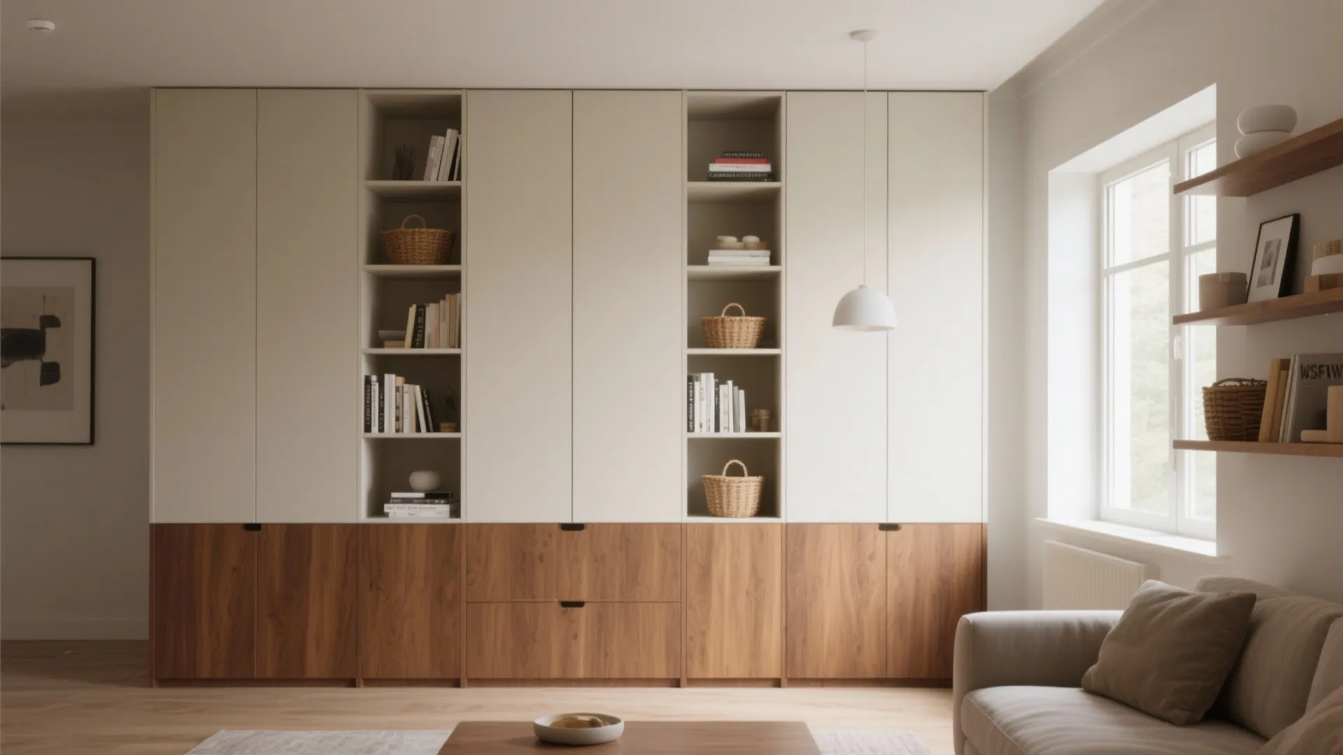 Large floor-to-ceiling cabinet with white doors, wooden lower section, open bookshelves, and white ceiling light