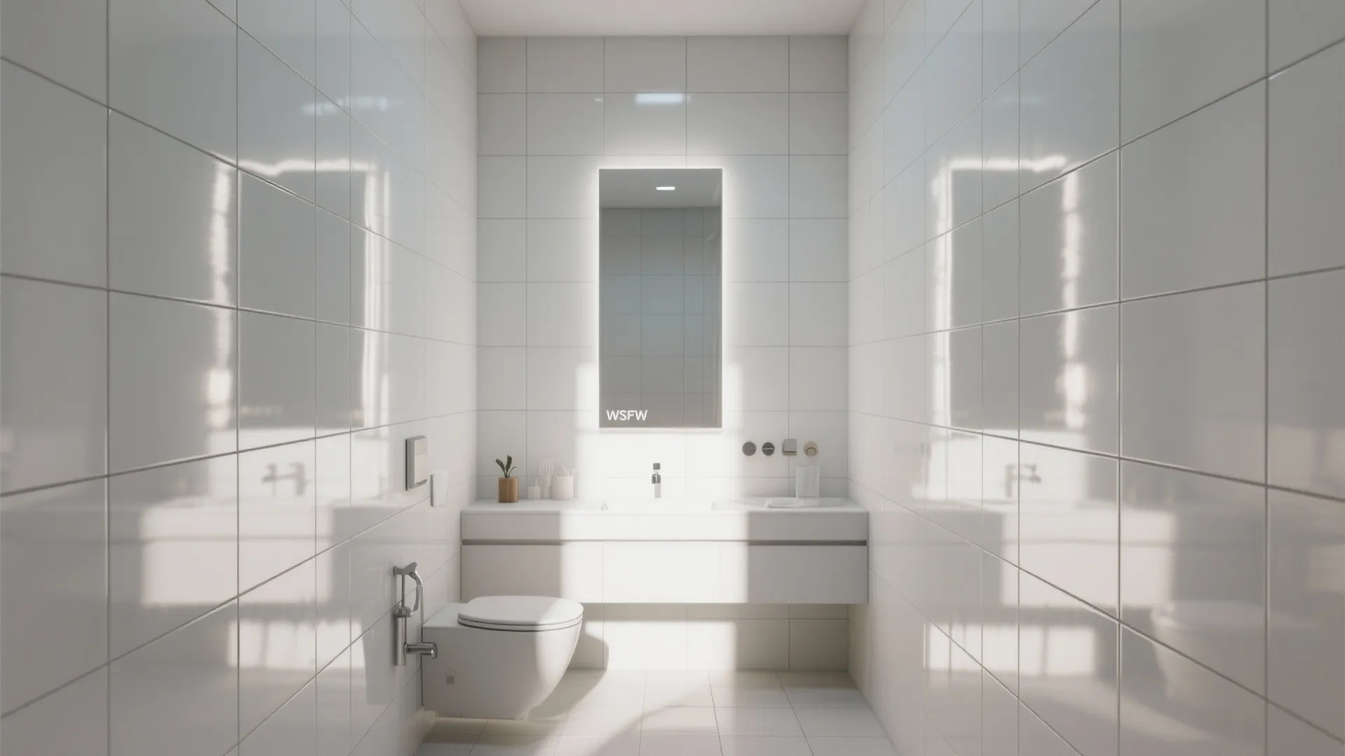 Modern white tiled bathroom featuring wall mounted toilet, floating sink cabinet, and rectangular backlit wall mirror