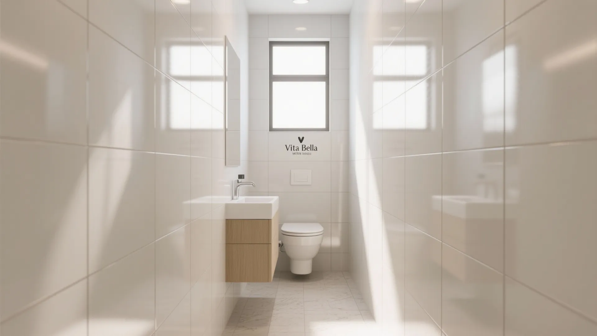 Modern white bathroom with large wall tiles a wooden sink cabinet and a white toilet