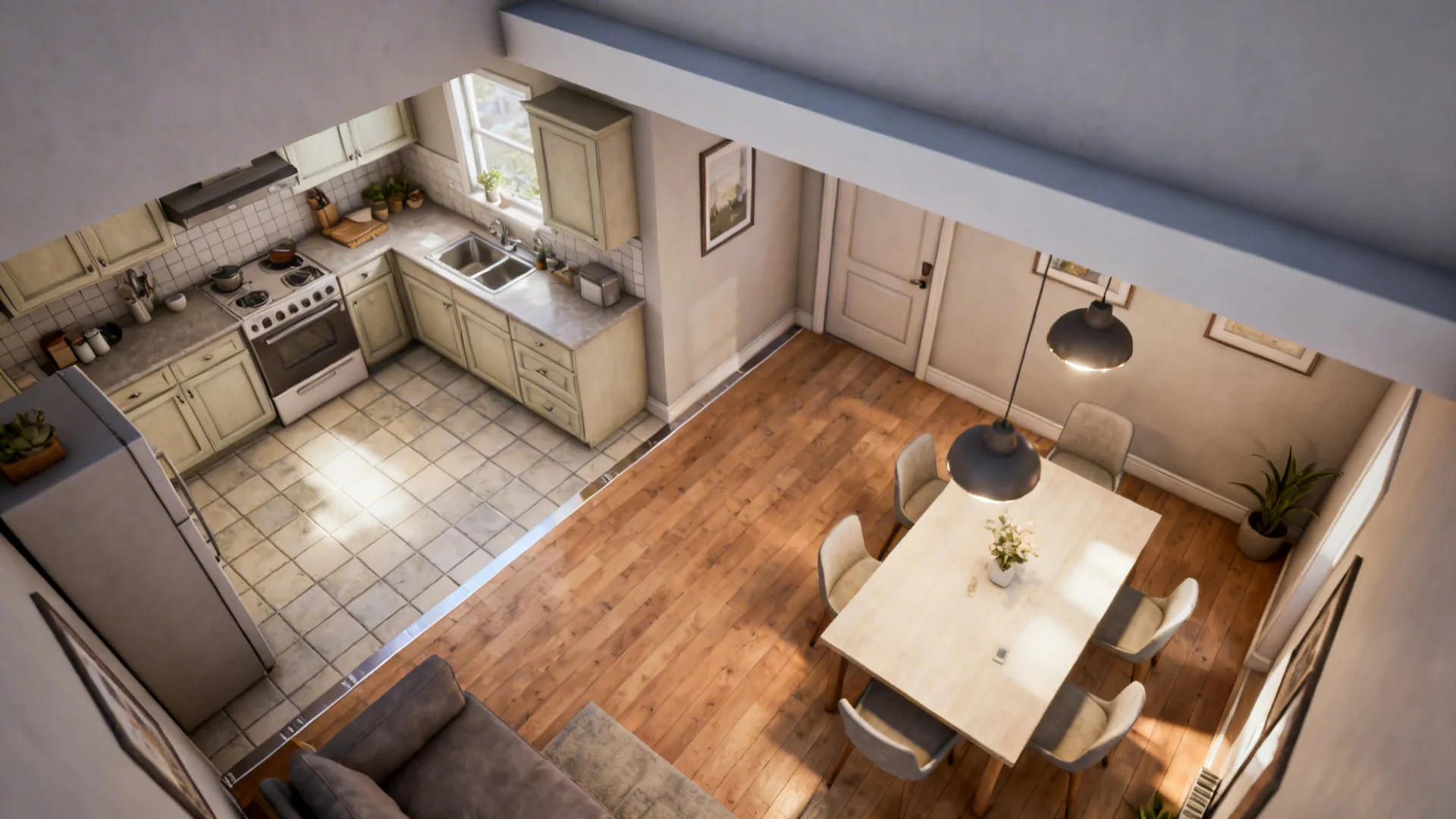 Top-down view of floor transition from tile to wood and a dropped ceiling feature defining zones.
