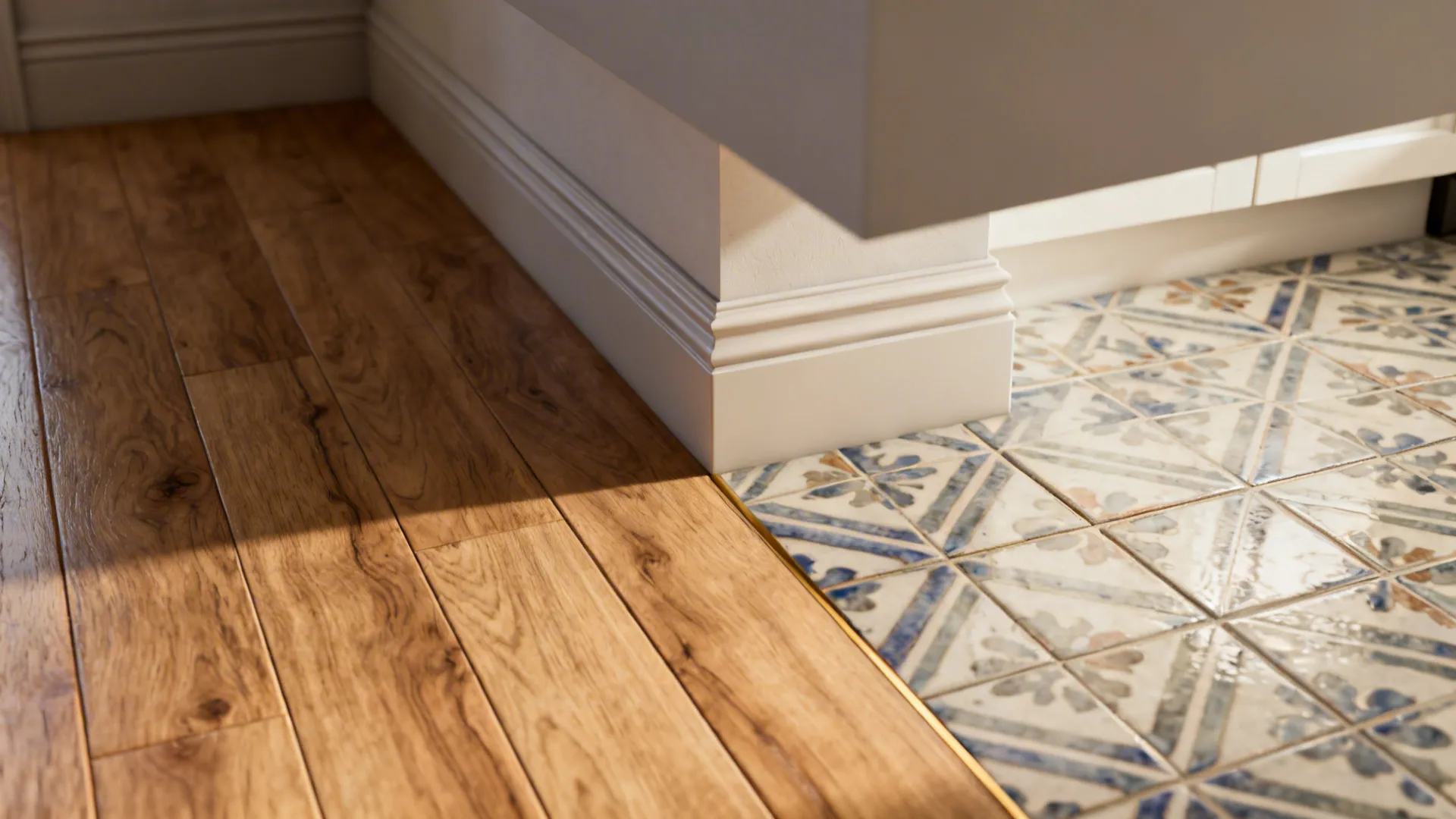 Transition between oak planks and patterned kitchen tiles with a ceiling plane change