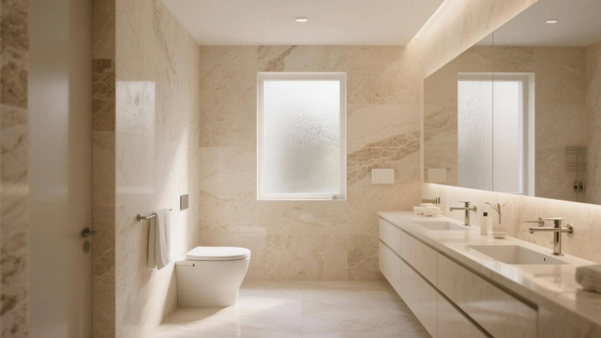 Modern bathroom with beige stone walls white toilet large mirror and double sink vanity unit
