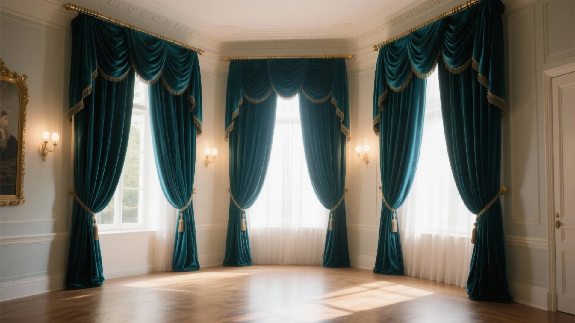 Elegant room with three large windows featuring decorative green velvet curtains and white sheer fabric