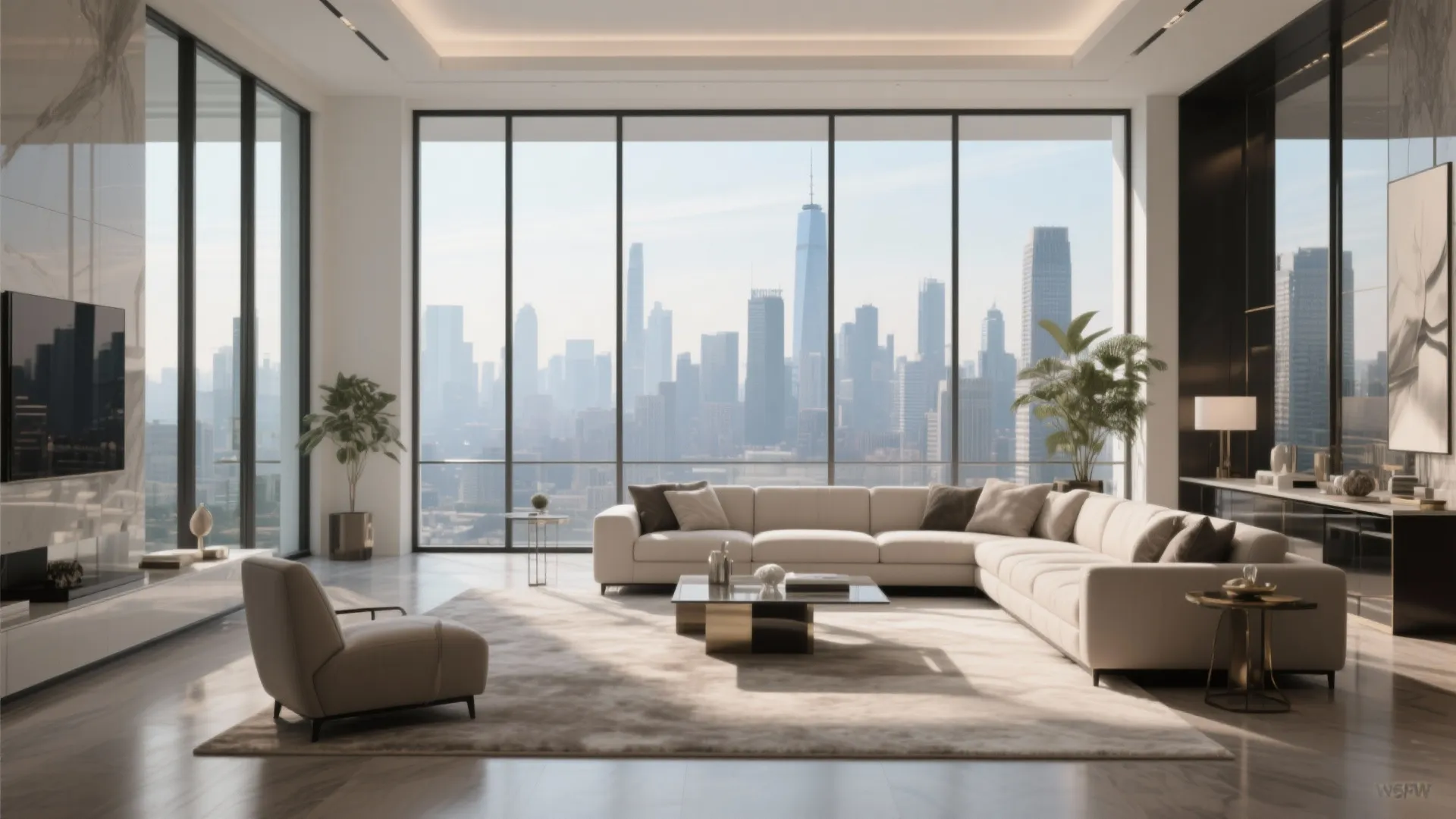 Luxury living room with floor-to-ceiling glass windows and city view