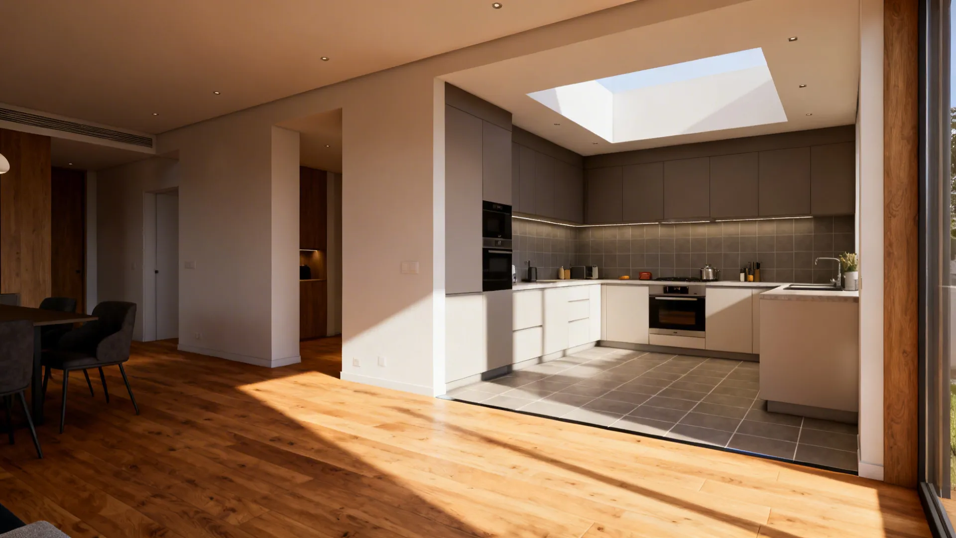 Open-plan interior with wood floor transitioning to tile to define kitchen zone and a lowered ceiling above kitchen.