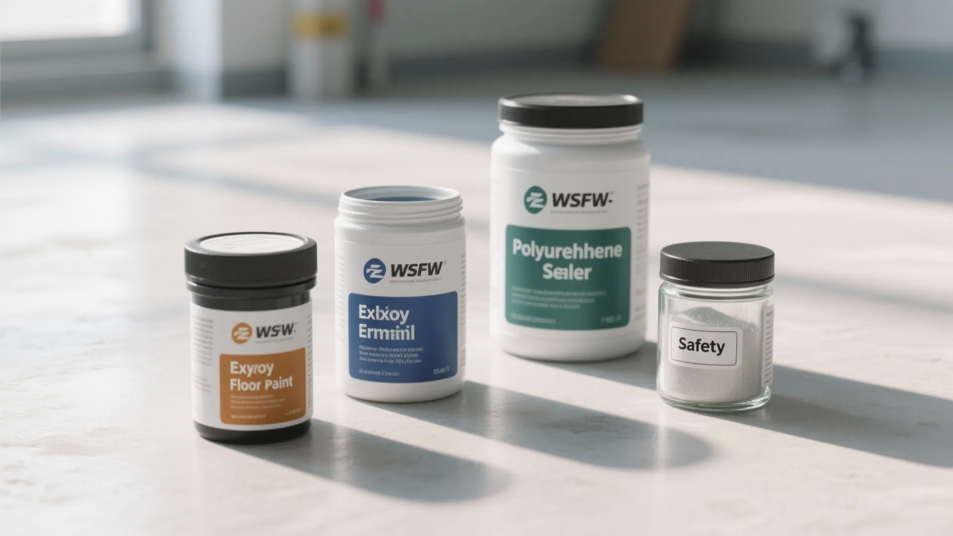 Jars of epoxy, enamel floor paint, polyurethane and non-slip additive for bathroom floors