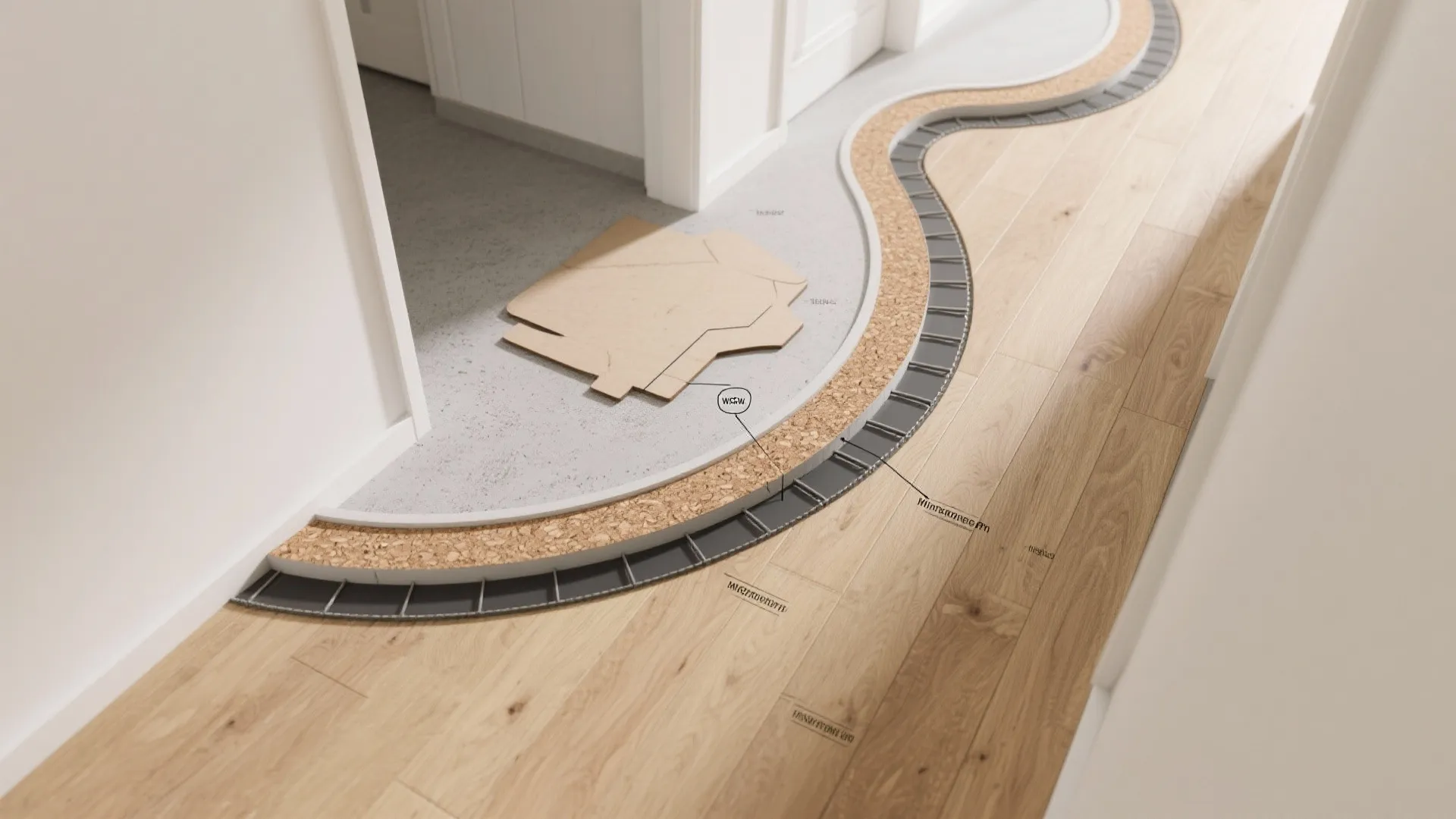 Detailed interior design drawing showing a curved floor transition between wood planks and grey cement