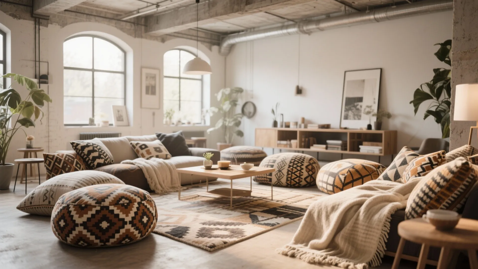 Bohemian style living room with patterned floor cushions sofa wood coffee table and natural plants