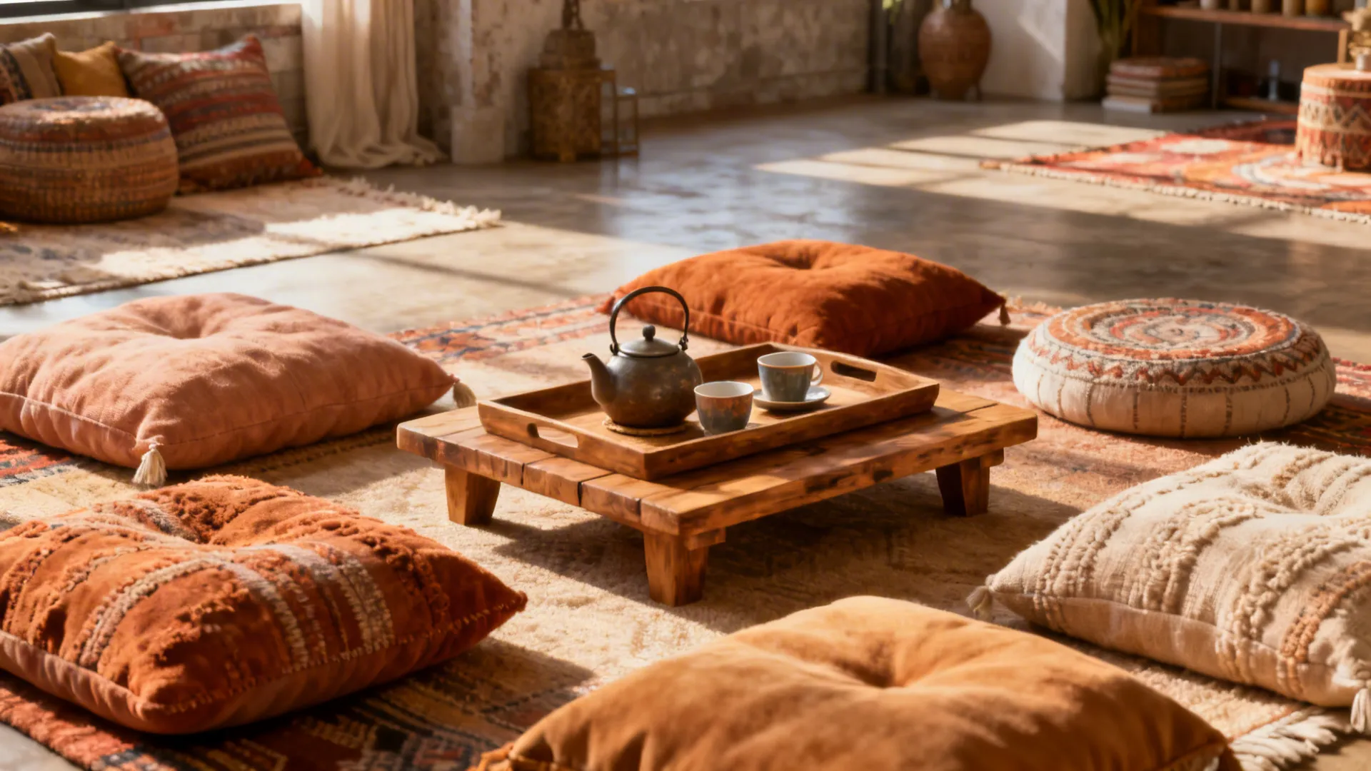 Layered floor cushions with a low tray table in a bohemian loft setting.