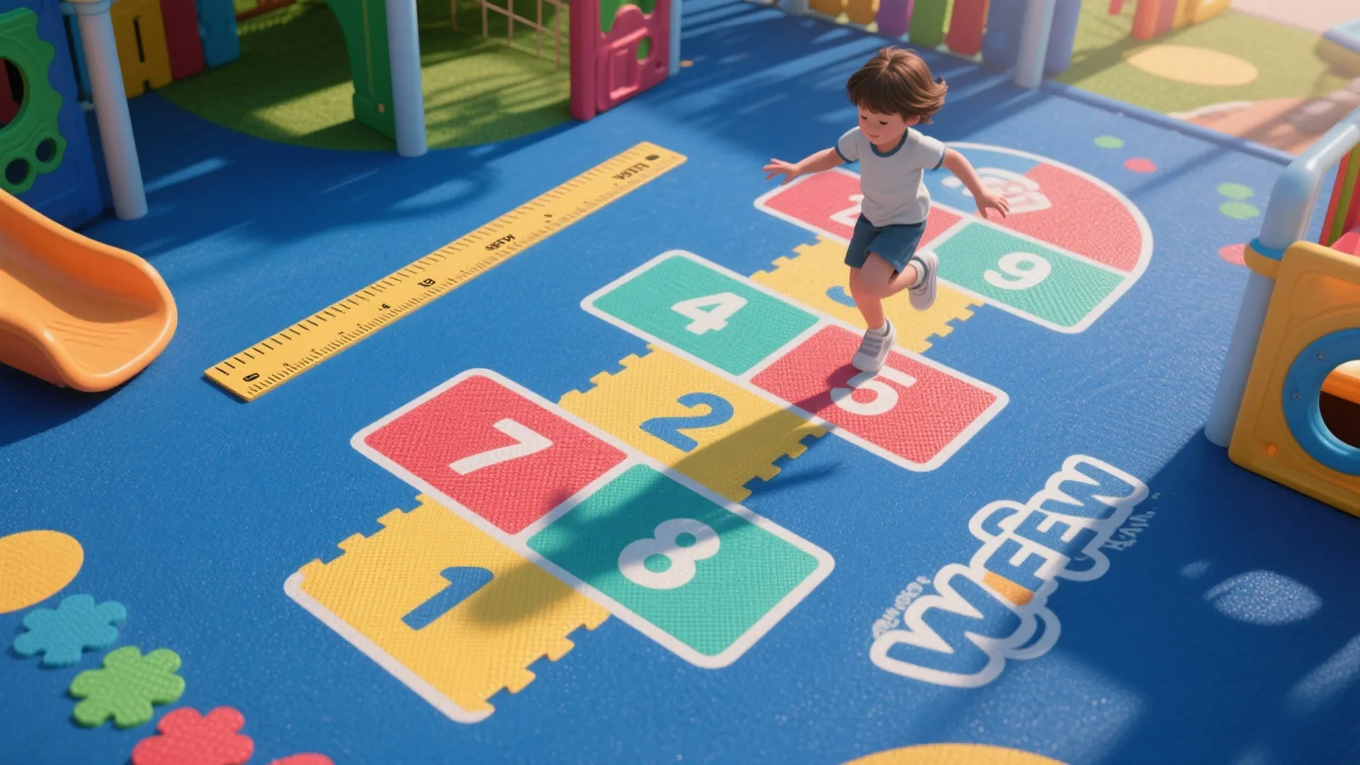 Child jumping on a colorful numbered hopscotch floor mat inside a bright and sunny playroom area