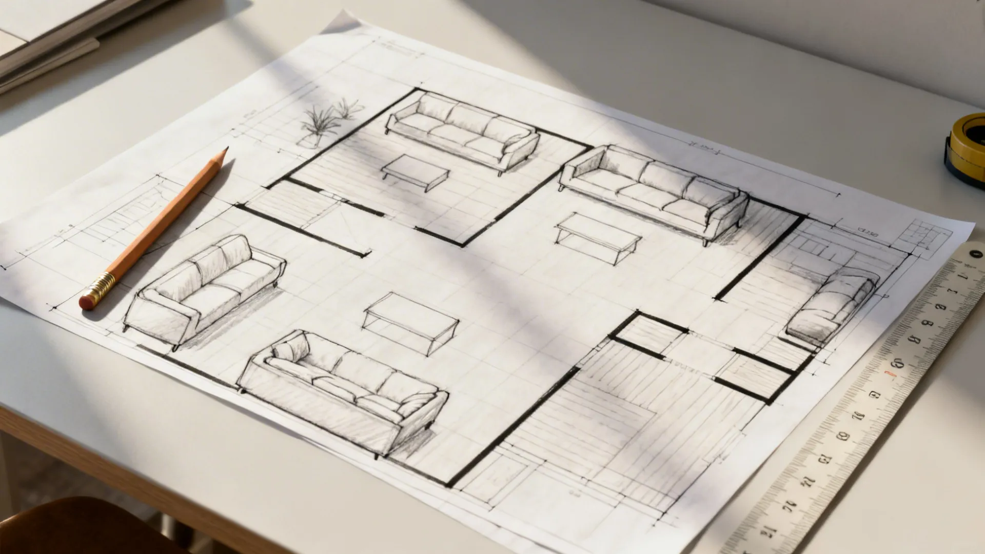 Hand drawn room layout sketch showing sofas coffee tables a pencil and ruler on white surface