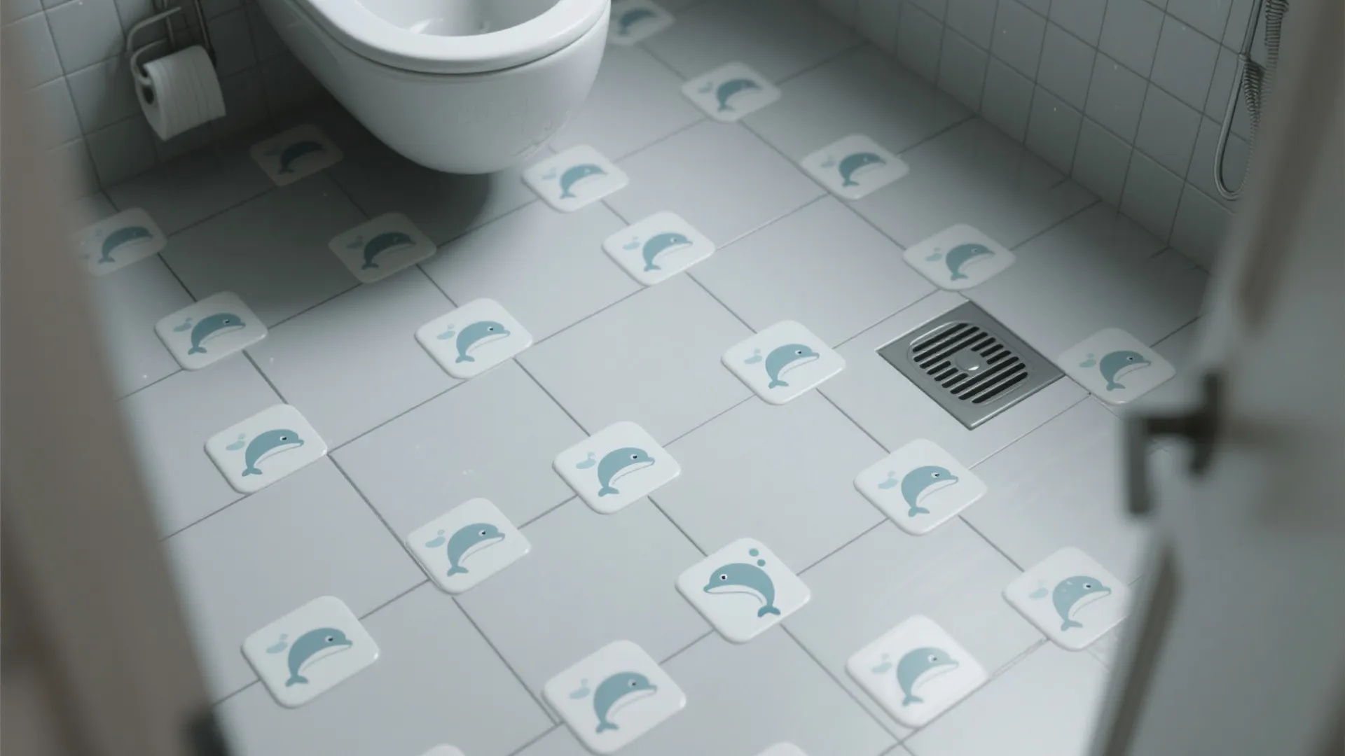 Bathroom floor with grey tiles and small blue dolphin stickers near a white toilet drain