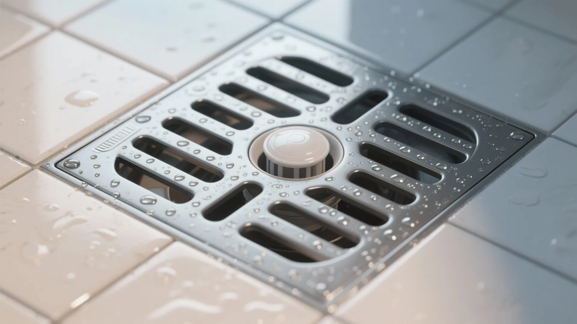 Close-up of square metal floor drain on light grey bathroom floor tiles with water droplets