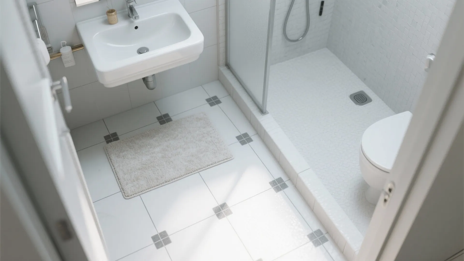 Small white bathroom layout with sink, floor mat, tiled floor, glass shower, and white toilet