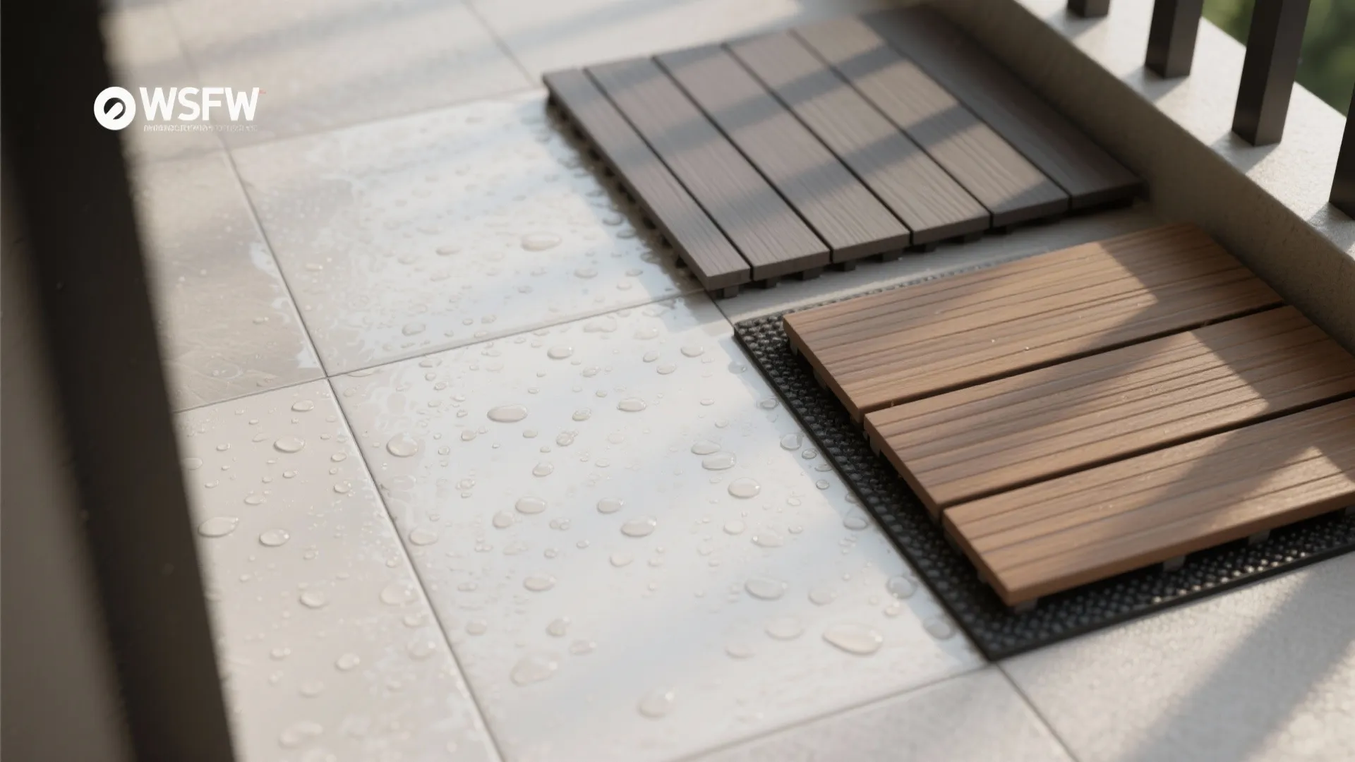 Close up of waterproof wood floor tiles on white wet tiles with many water drops