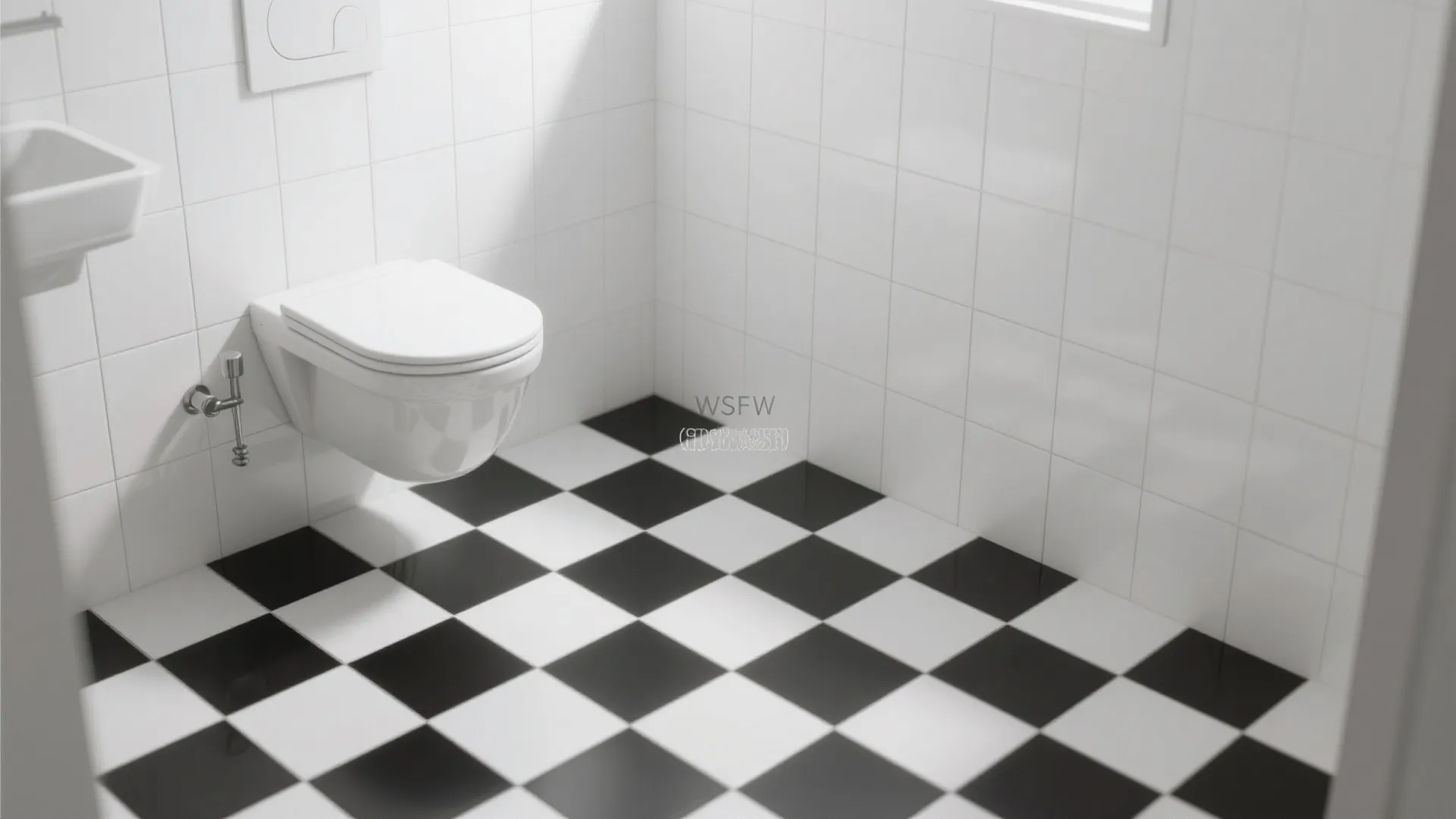 Corner of a small bathroom showing black-and-white checkered floor with matte white walls and mid-gray grout.