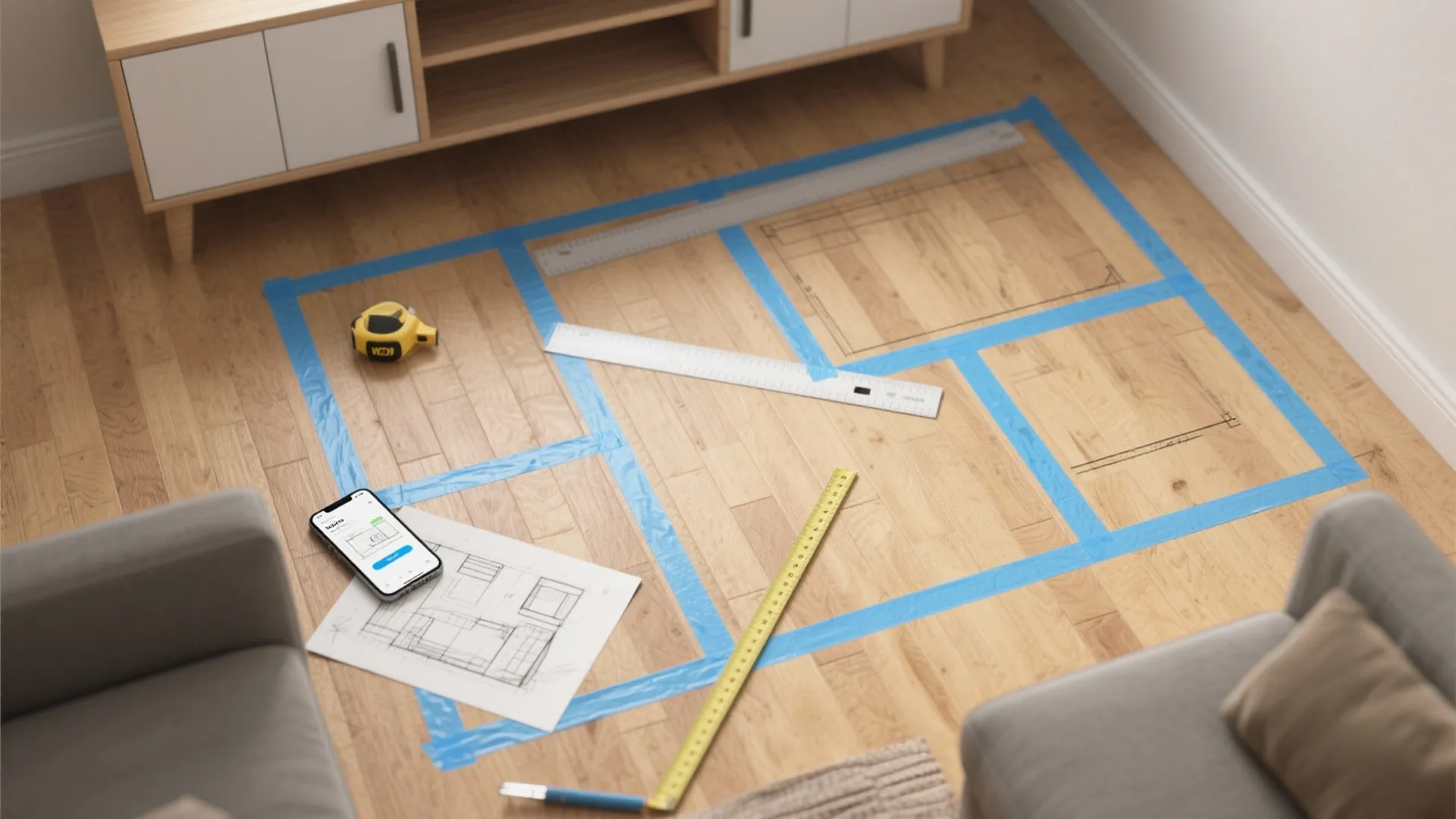 Blue tape on wood floor showing room layout with measuring tools and interior design drawing