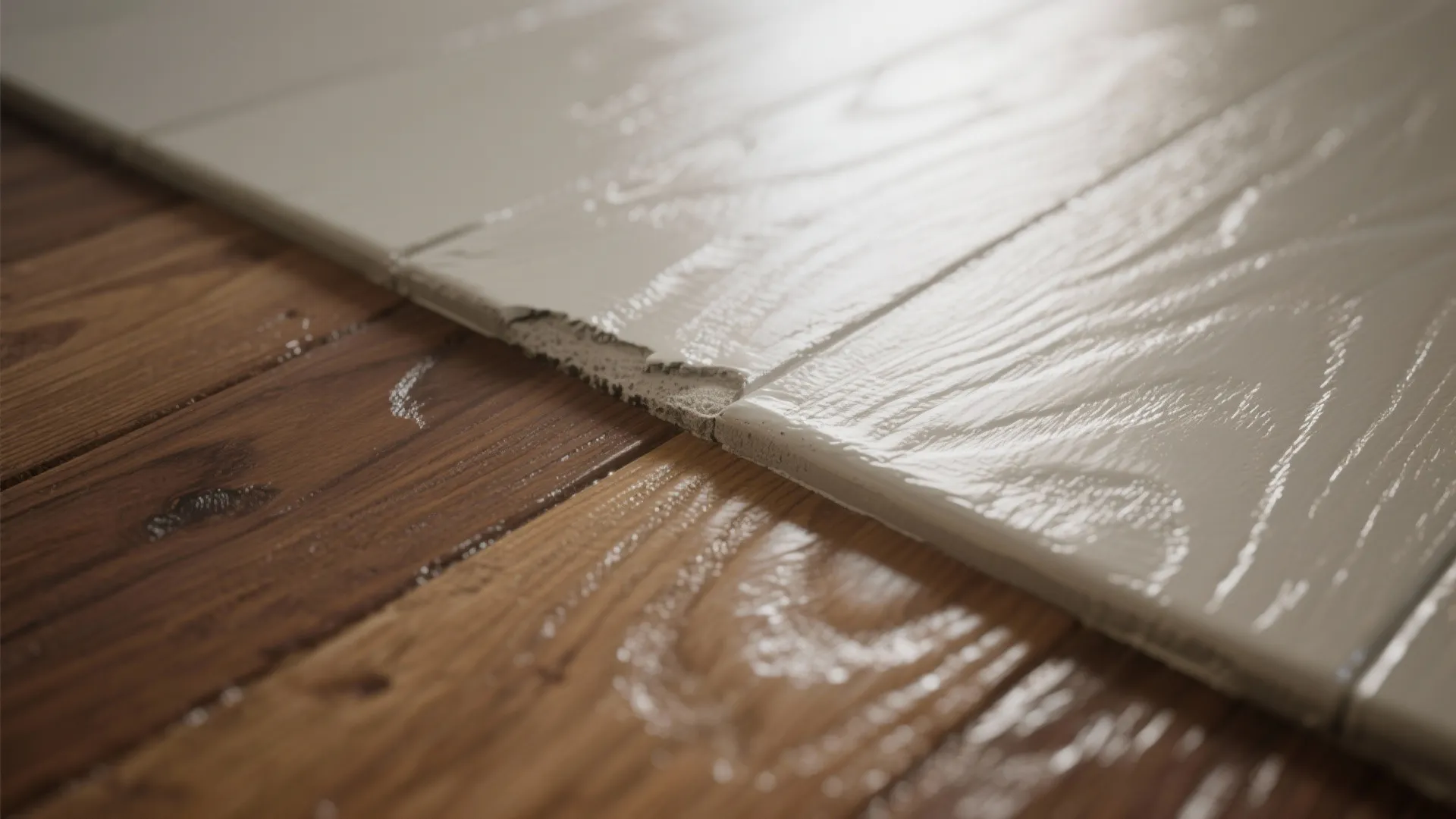 Close up view of white floor boards being installed over an old dark wood floor