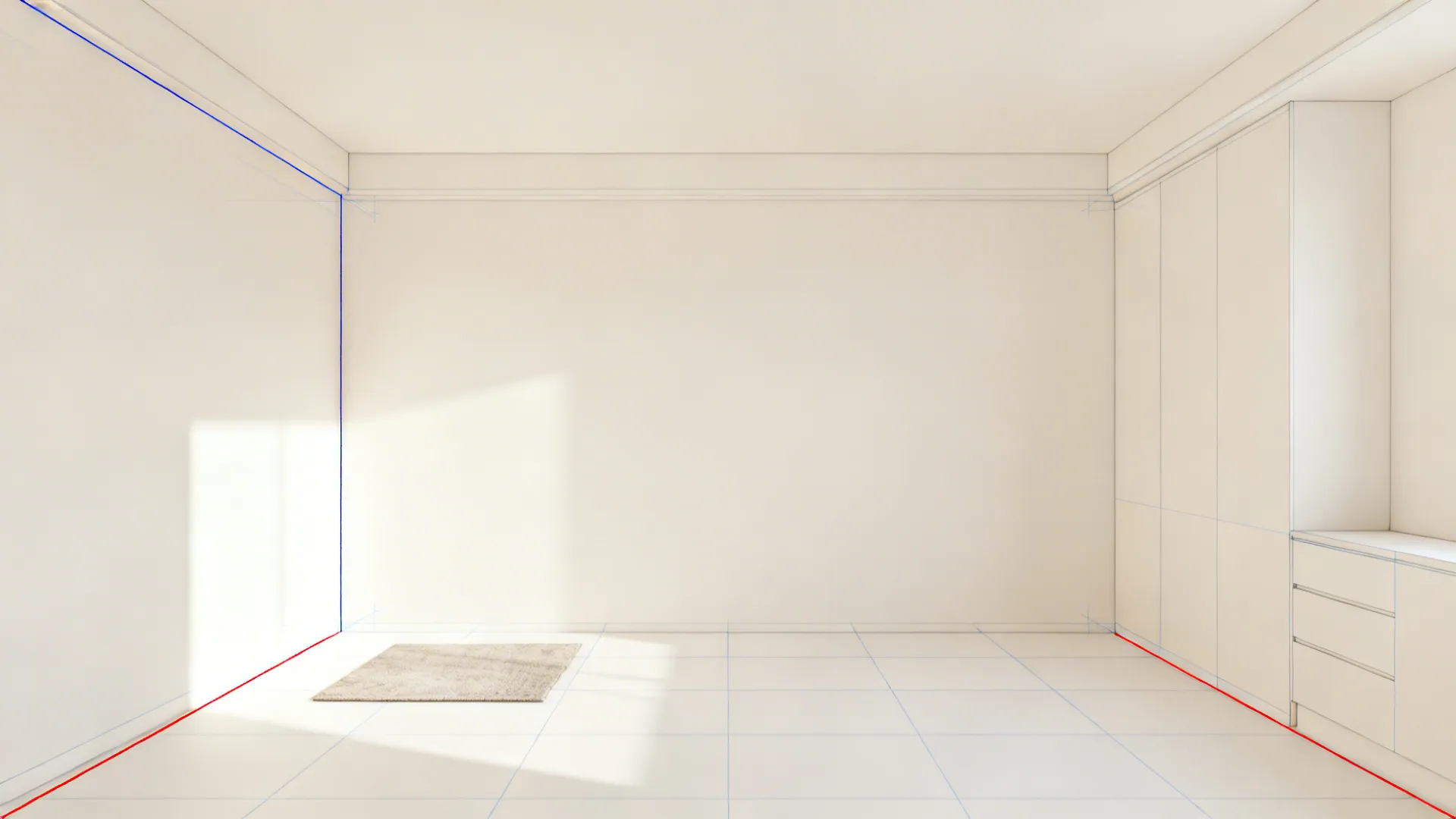 Small room built from a front corner with a light floor grid guiding depth and placement.