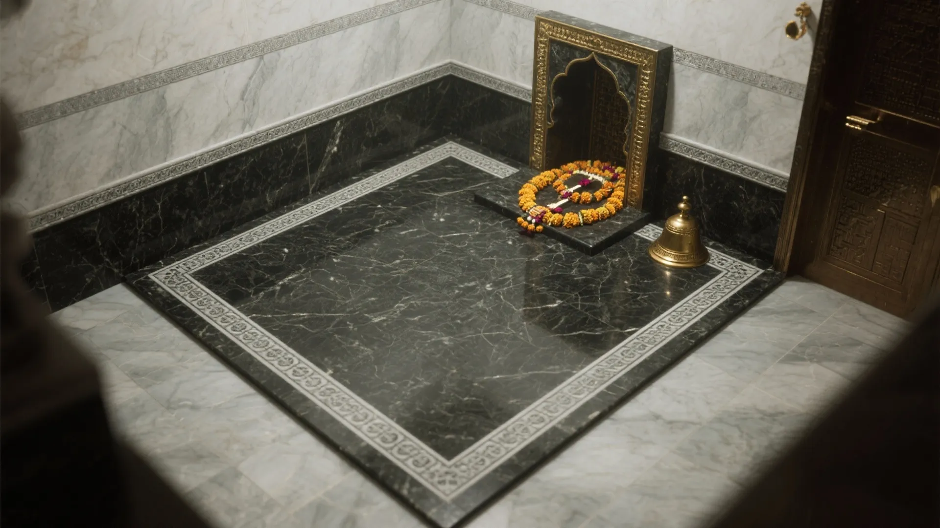 Granite Floor Inlays That Frame the Sacred Niche