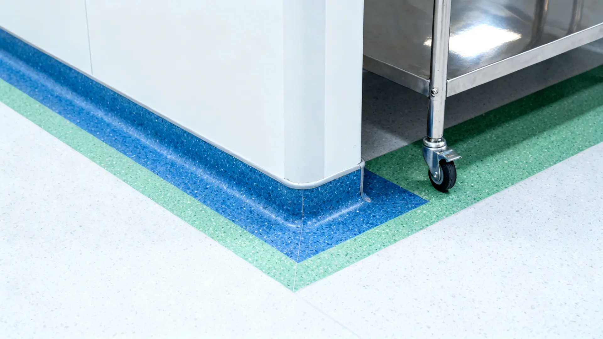 Close-up of color-coded resin floor inlay and coved epoxy edge in a hospital kitchen.