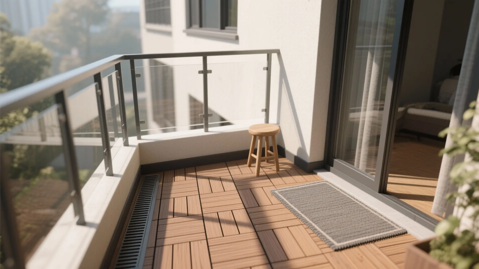 Modern balcony with wooden floor tiles a small wood stool and a grey door mat