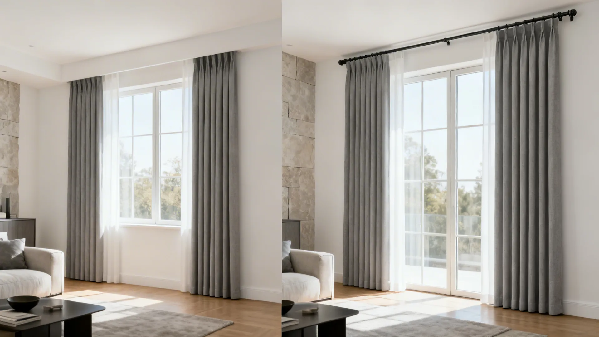 Before-and-after showing short curtains versus wall-to-wall, floor-kissing modern panels.