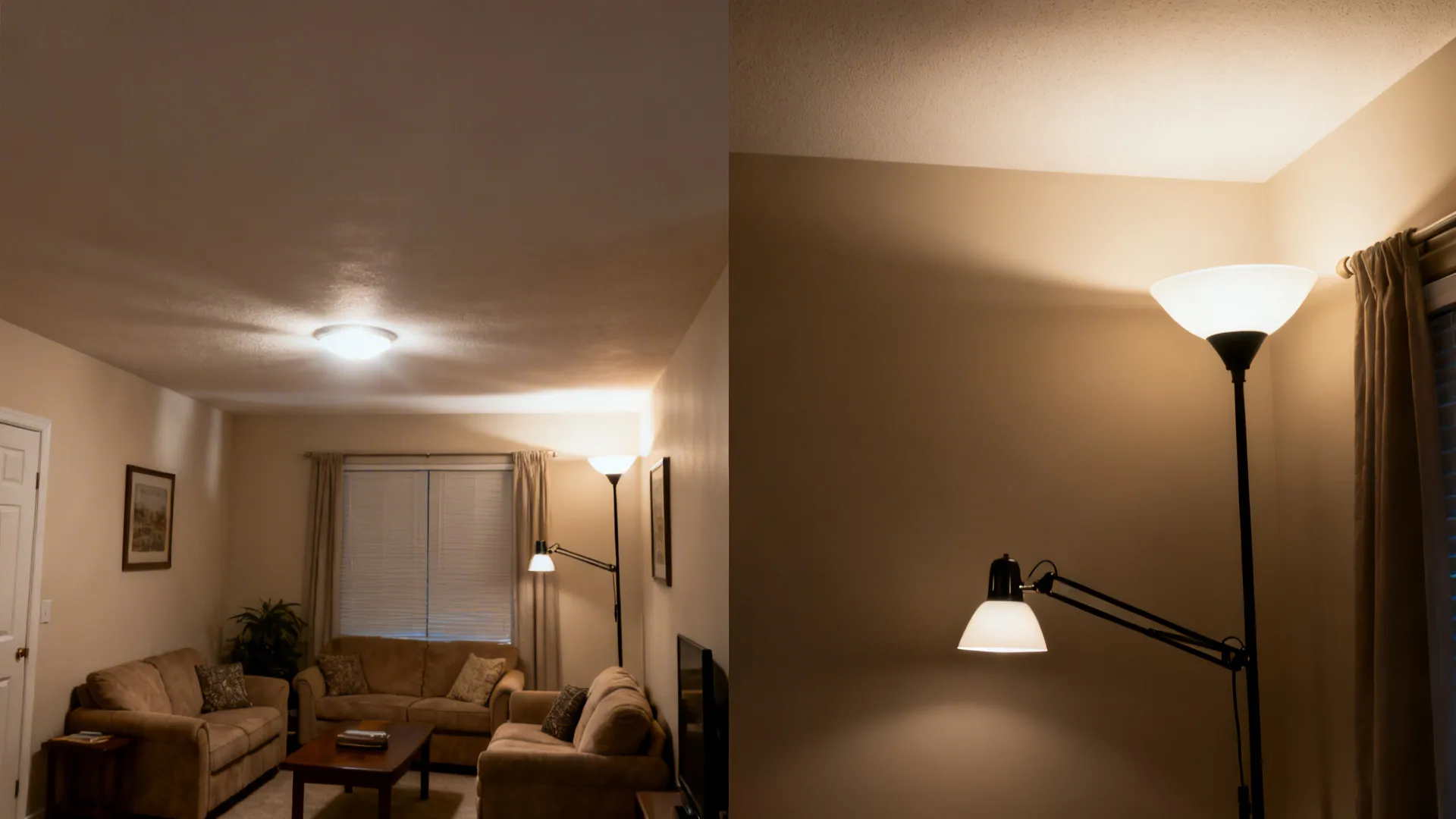 Before/after comparison showing harsh overhead light versus balanced uplight and task lighting.
