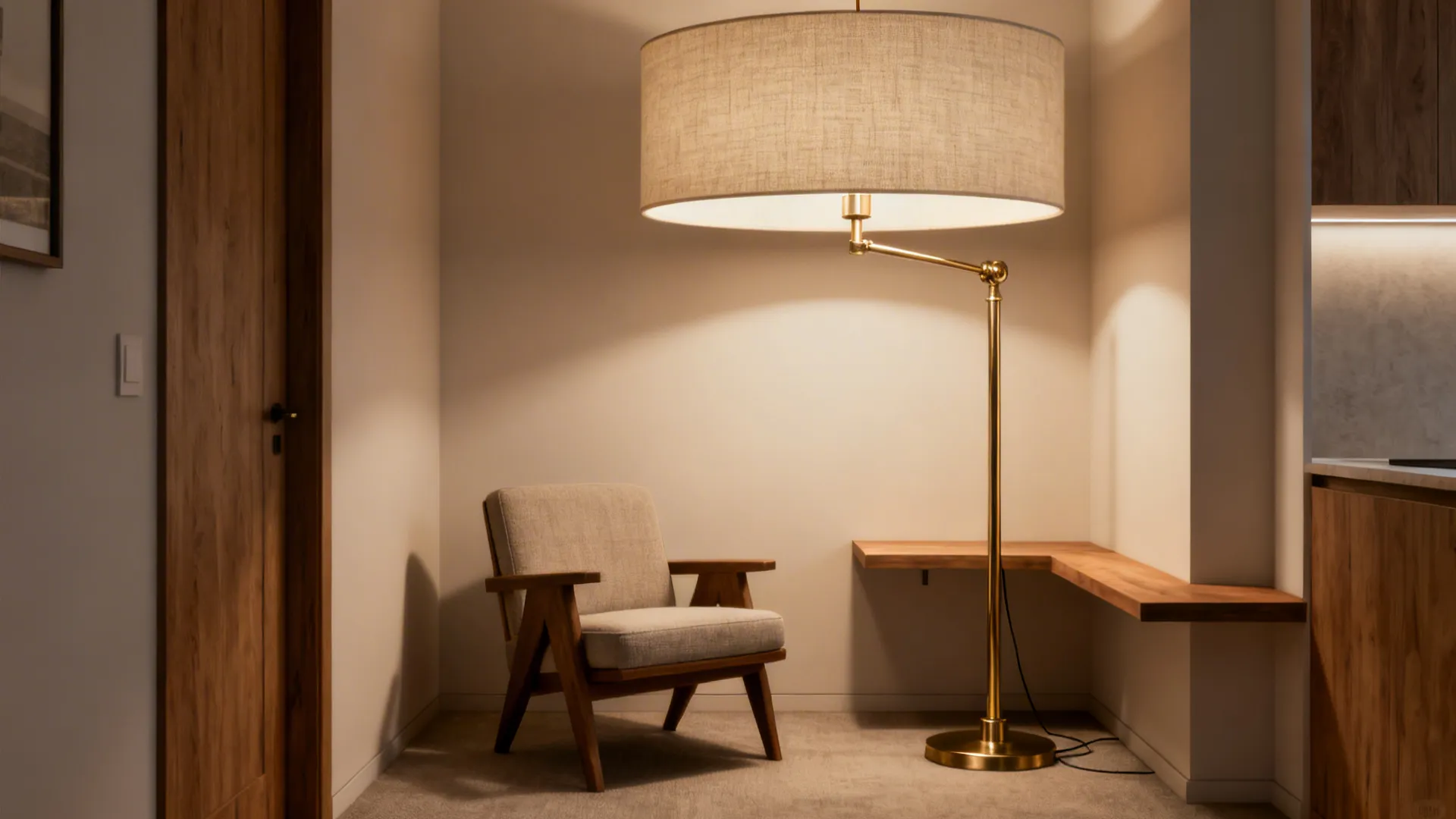 Modern corner with a wooden chair and a large floor lamp featuring a giant fabric shade