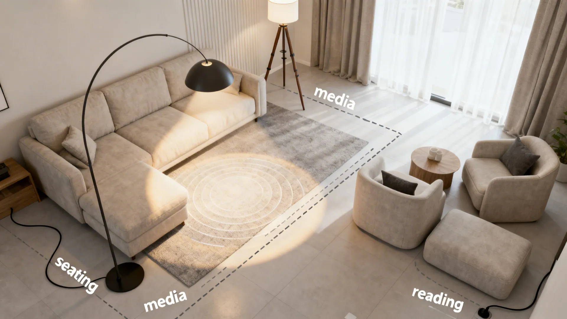 Top-down plan showing arc and tripod floor lamp positions and light spread across living room zones.