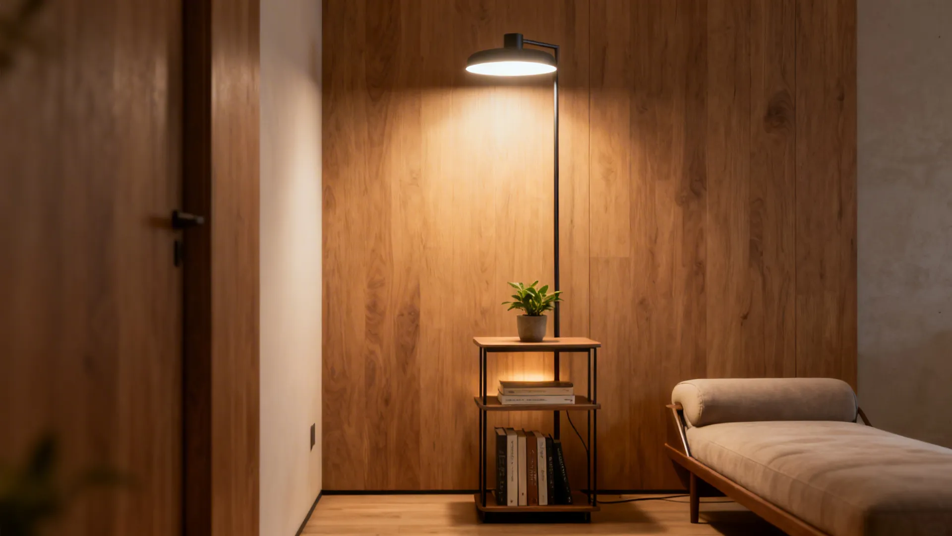Narrow living room corner with a floor lamp that includes built-in shelves holding books and a plant.