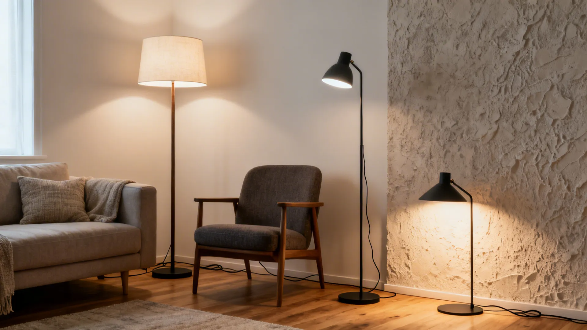 Three floor lamps of varied heights zoning a small living room and creating layered light