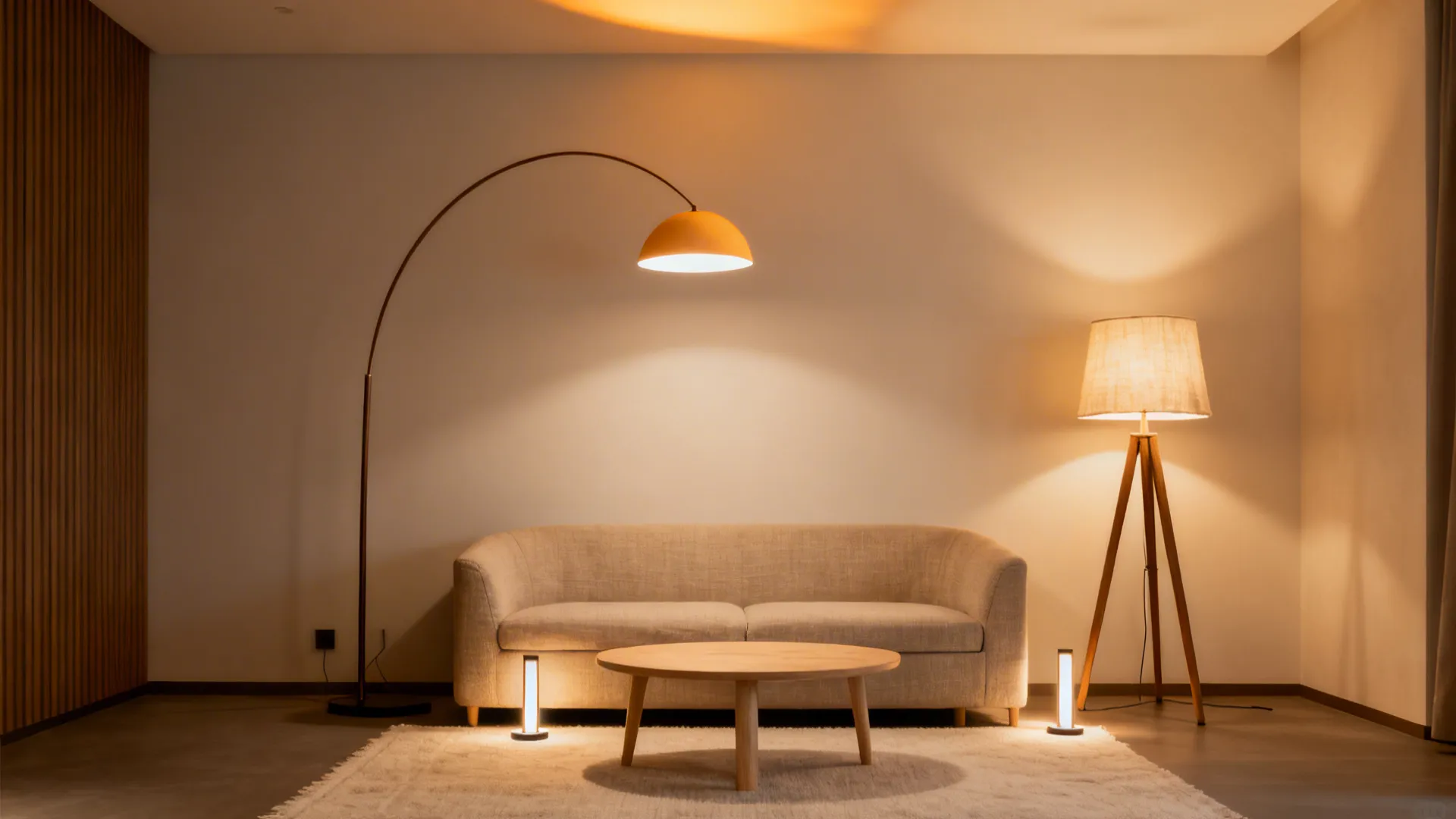 Arc floor lamp bouncing light off the ceiling and tripod lamp diffusing ambient glow in a compact living room.