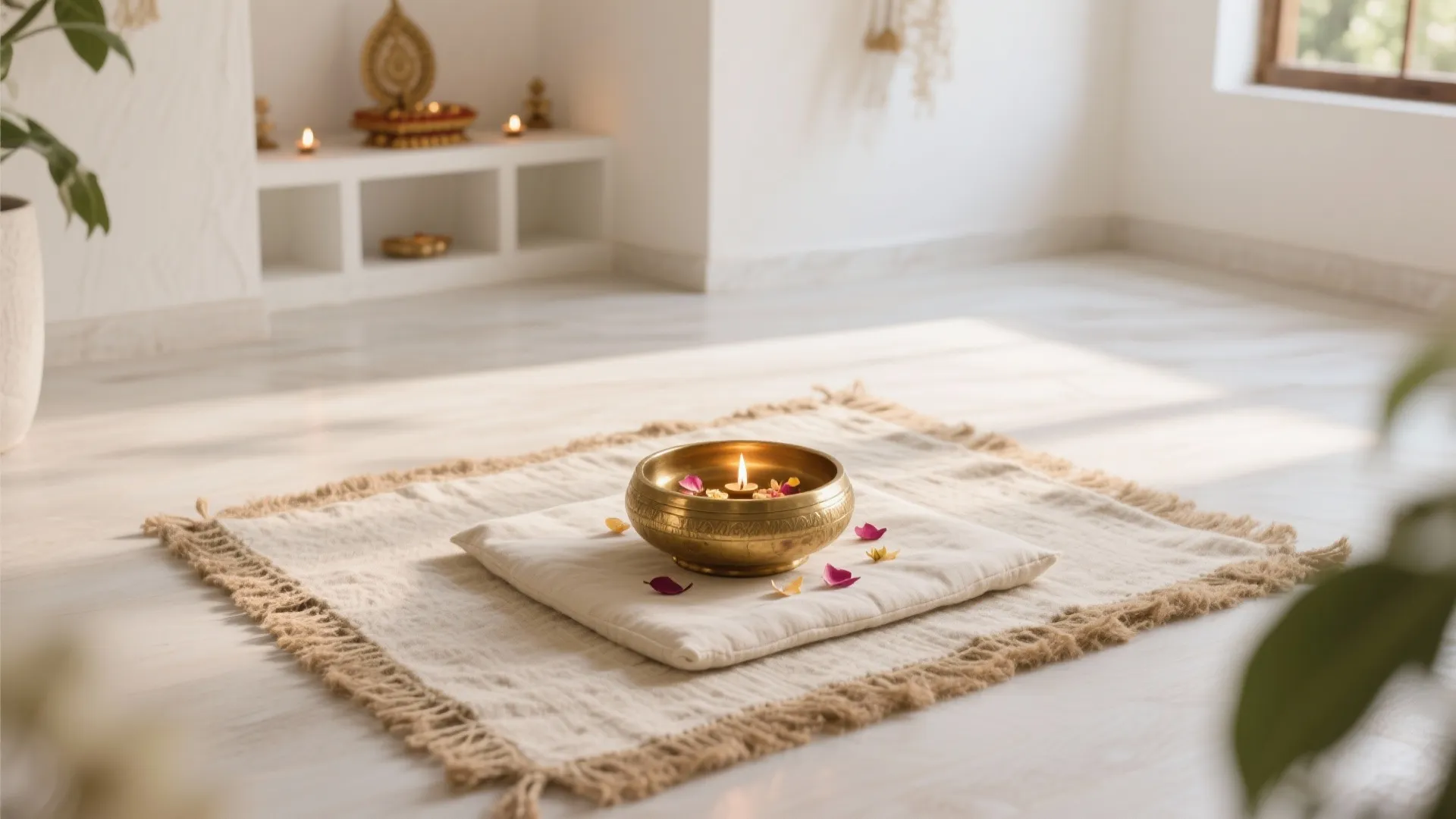4) Soft floor layering: cotton rug, asana pad, and a brass urli