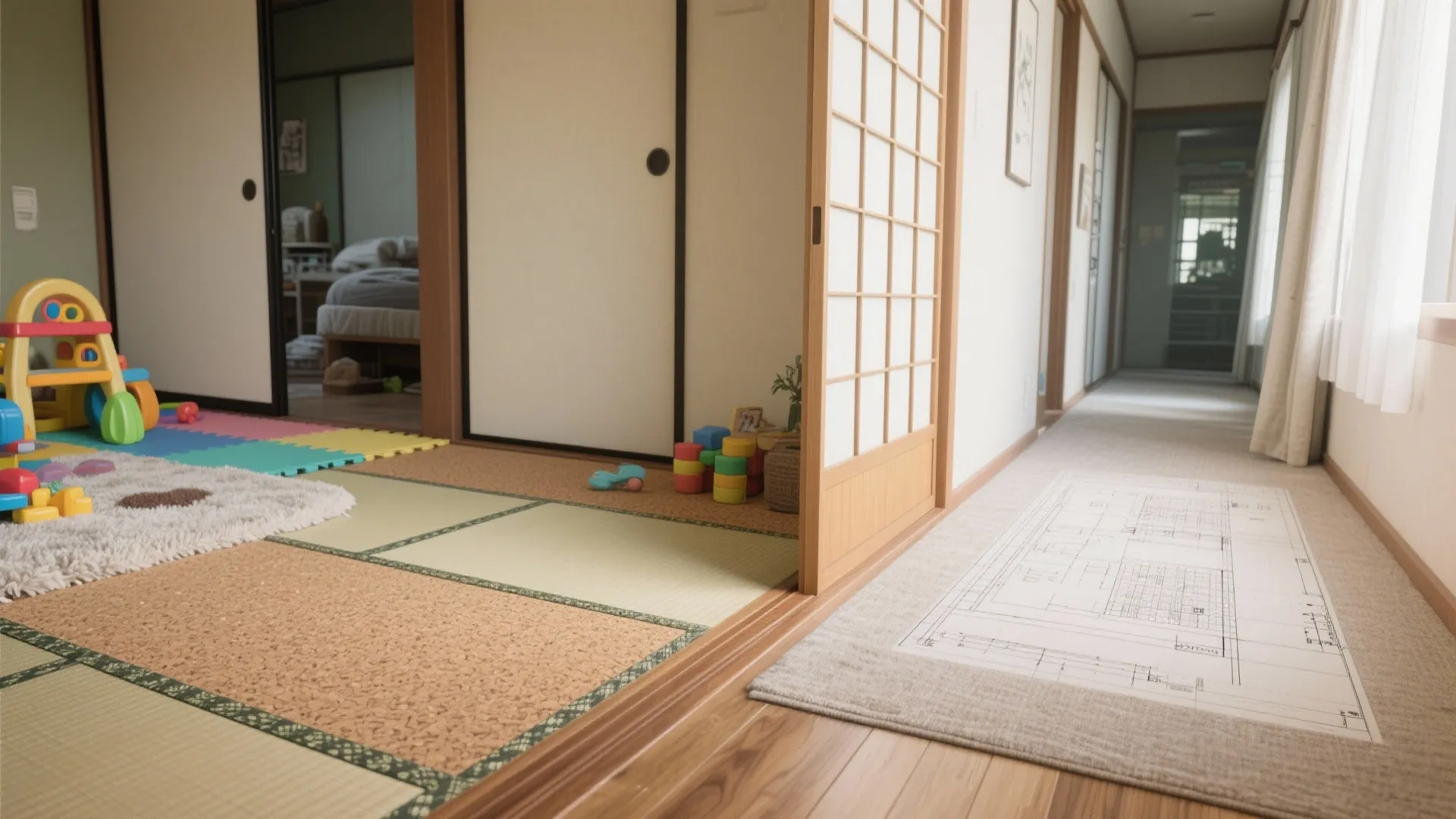 Tips 2: 足音は“面”で受ける。重ねる敷材とラグのレイヤー