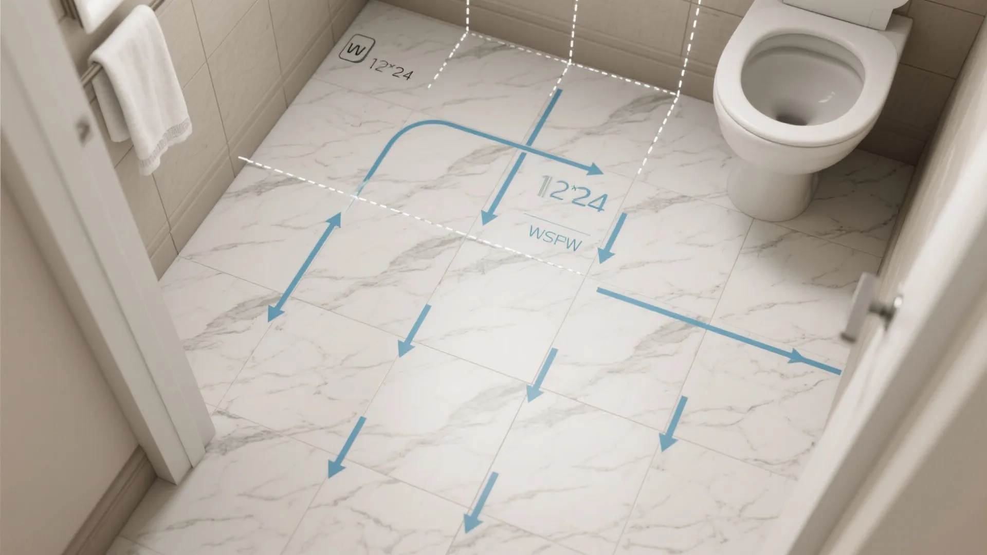 Marble floor tiles with measurement guides and blue arrows showing layout direction in a small bathroom