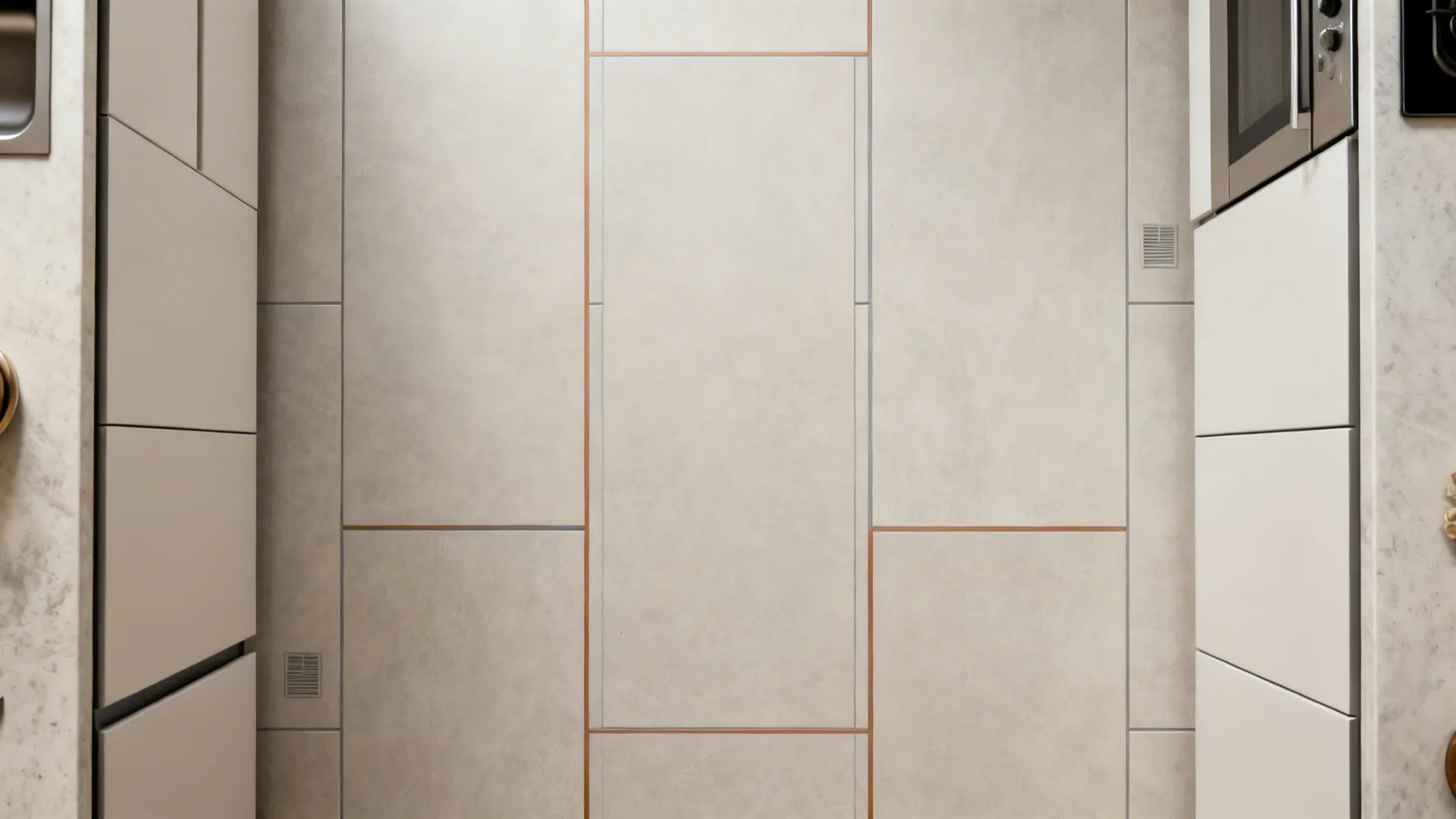 Top-down view of 300x600 matte floor tiles in a 1/3 offset galley layout.