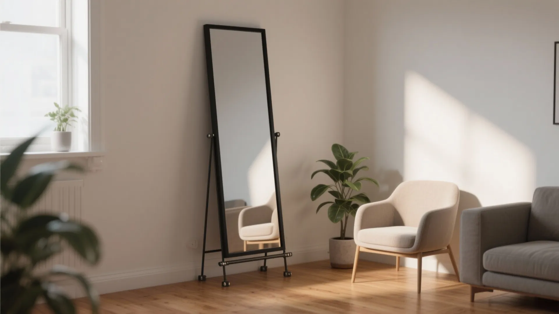 Tall floor-leaning black mirror widening sightlines in a small living room, showing anti-tip bracket