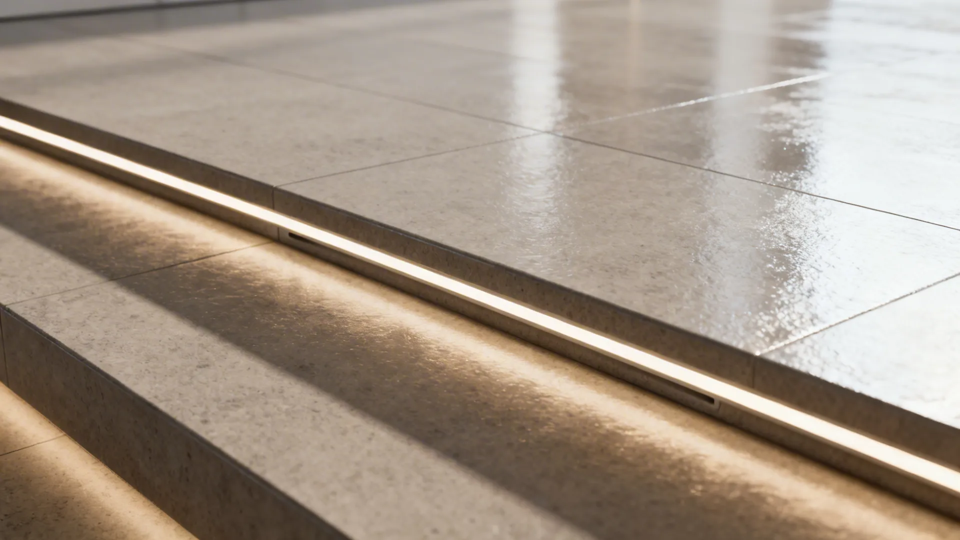 Continuous light wood flooring with recessed linear LED along step edge to reduce perceived drop