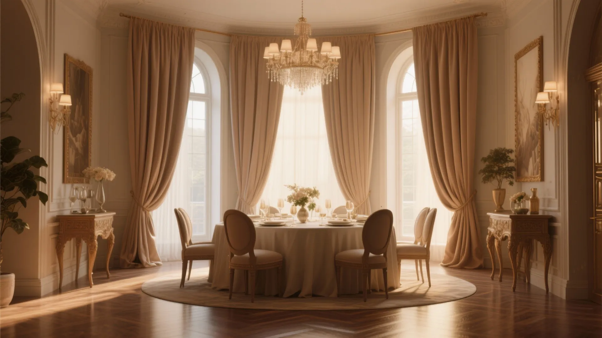 Elegant dining room with tall curtains on narrow windows