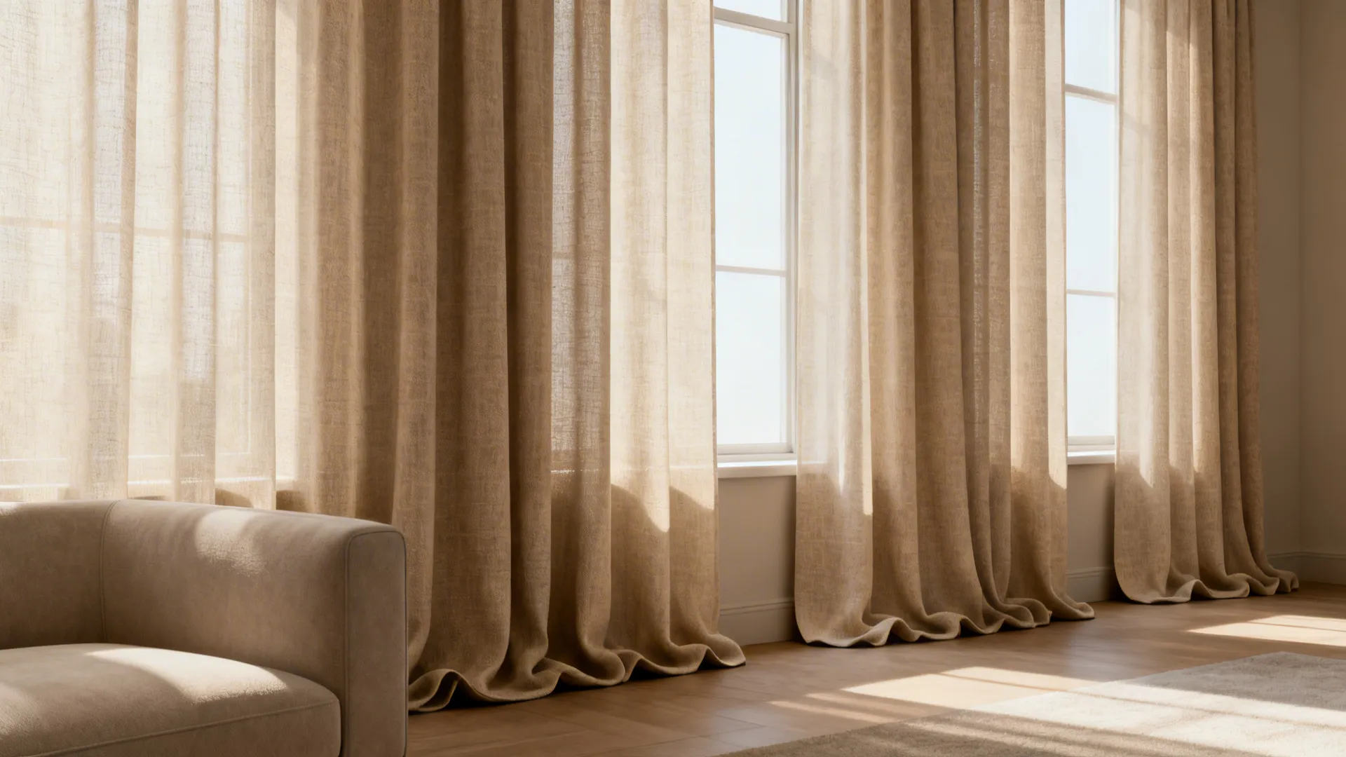 Long beige floor length curtains hanging in bright living room with large windows and sofa