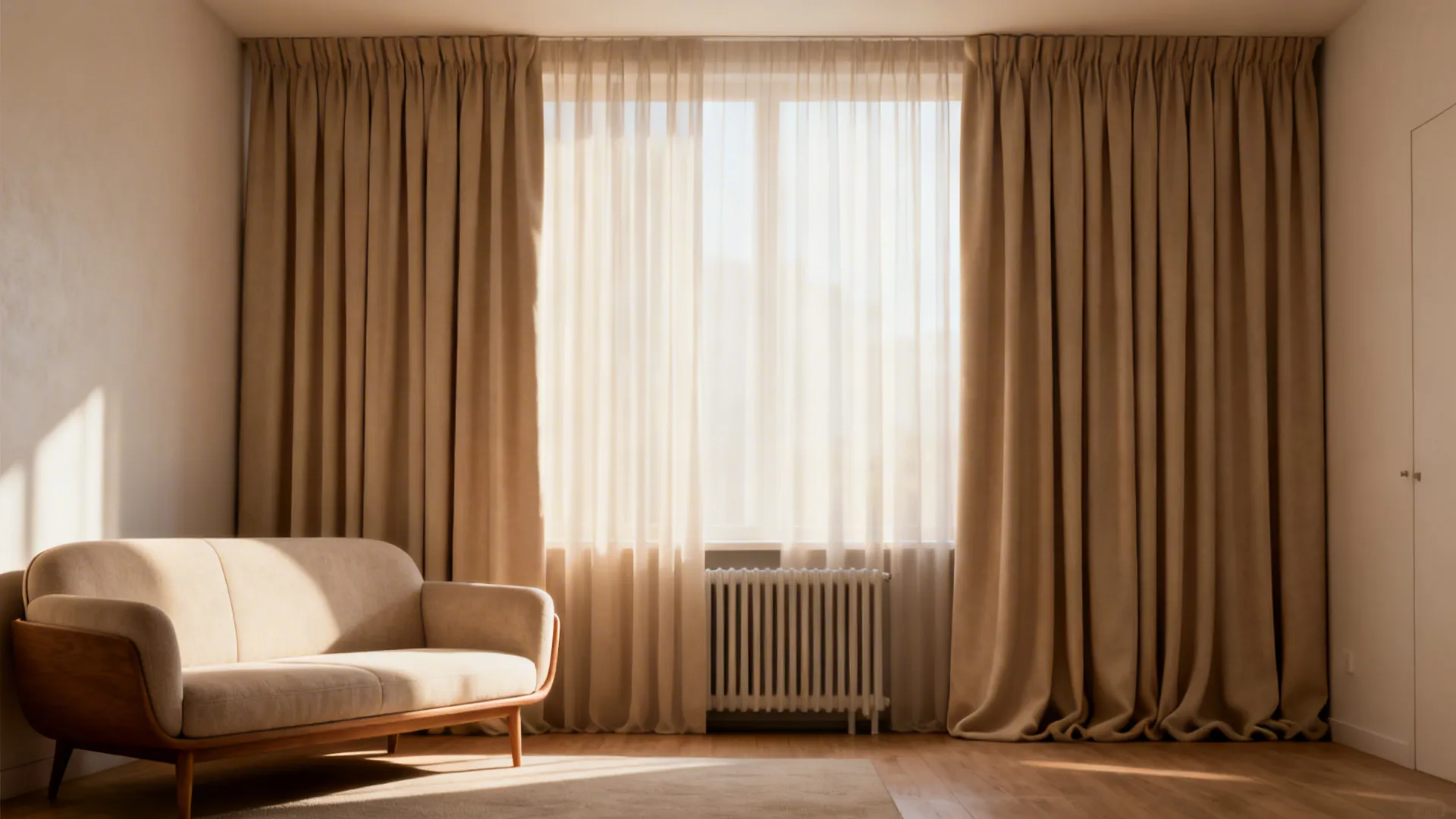 Studio living area with floor-length curtains that create a continuous vertical plane and conceal clutter.