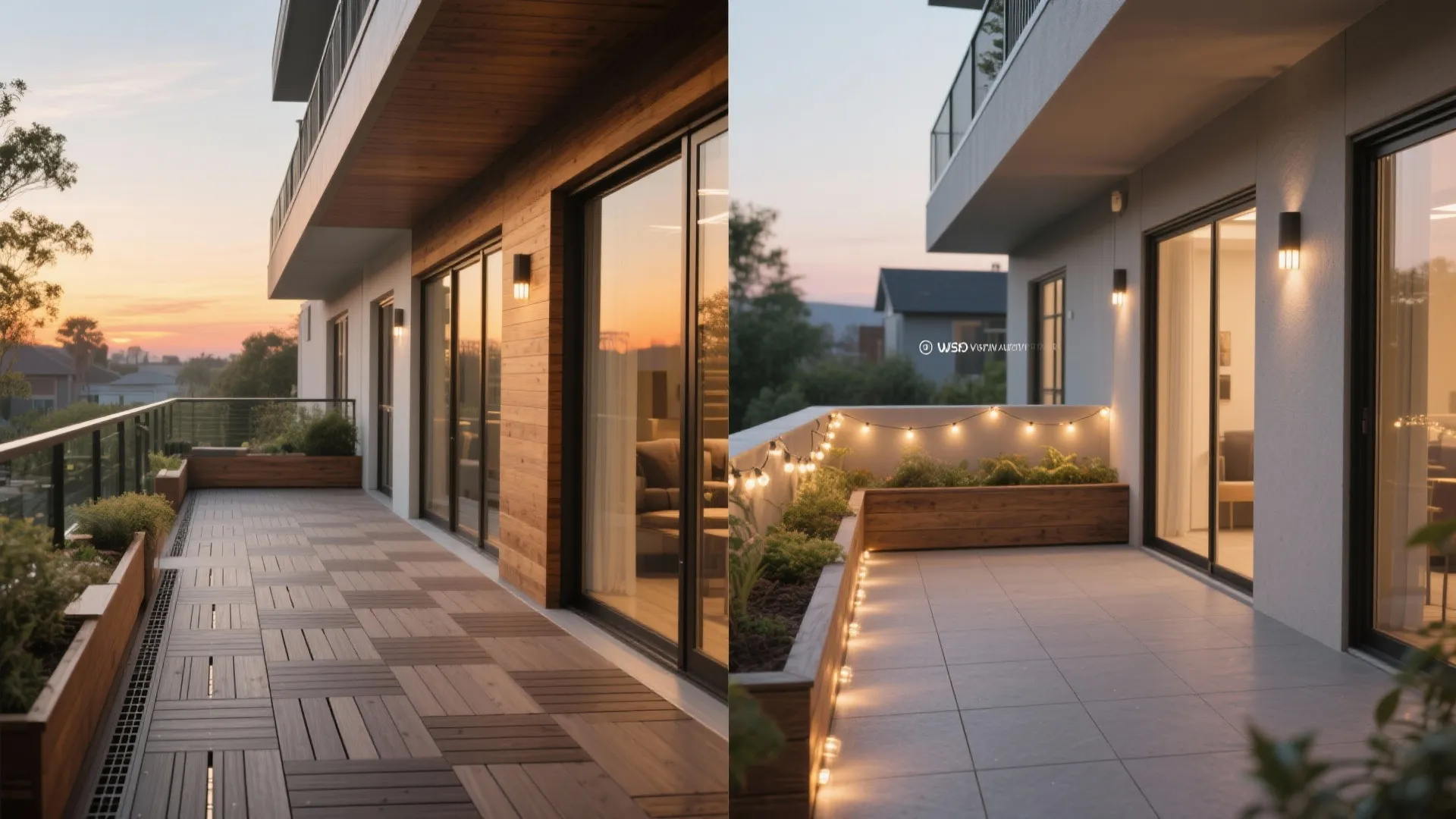 Comparison of a balcony with wood deck tiles versus grey floor tiles and wall lights