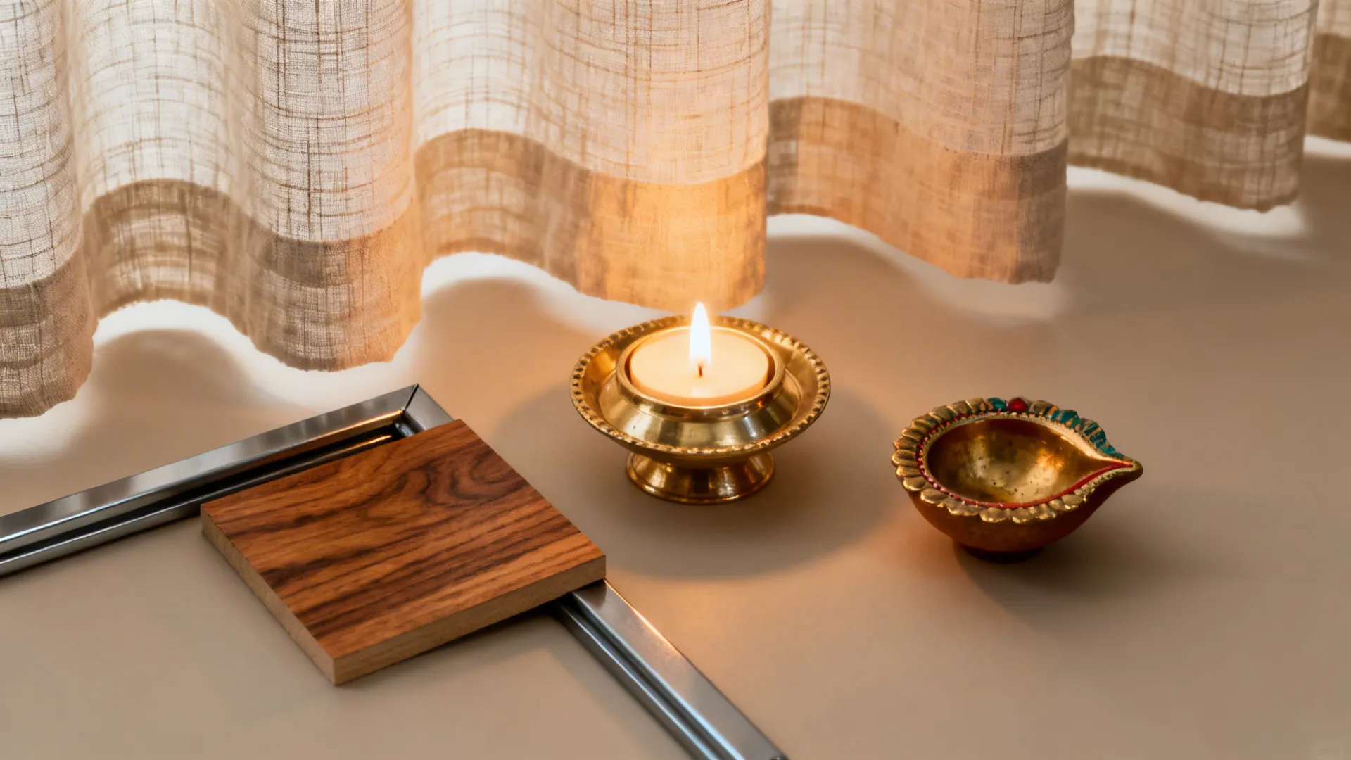Flat lay with muslin fabric, steel frame, wood veneer, brass urli, and diya.