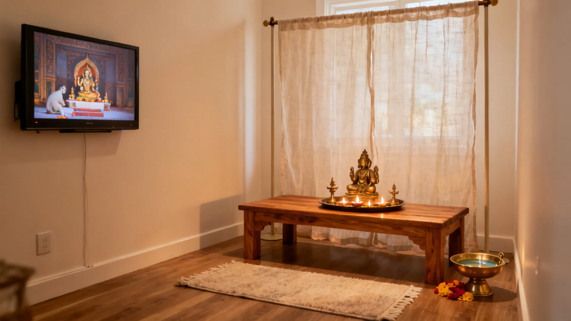 Low thinnai bench floor mandap with cotton curtain, brass tray, and urli.