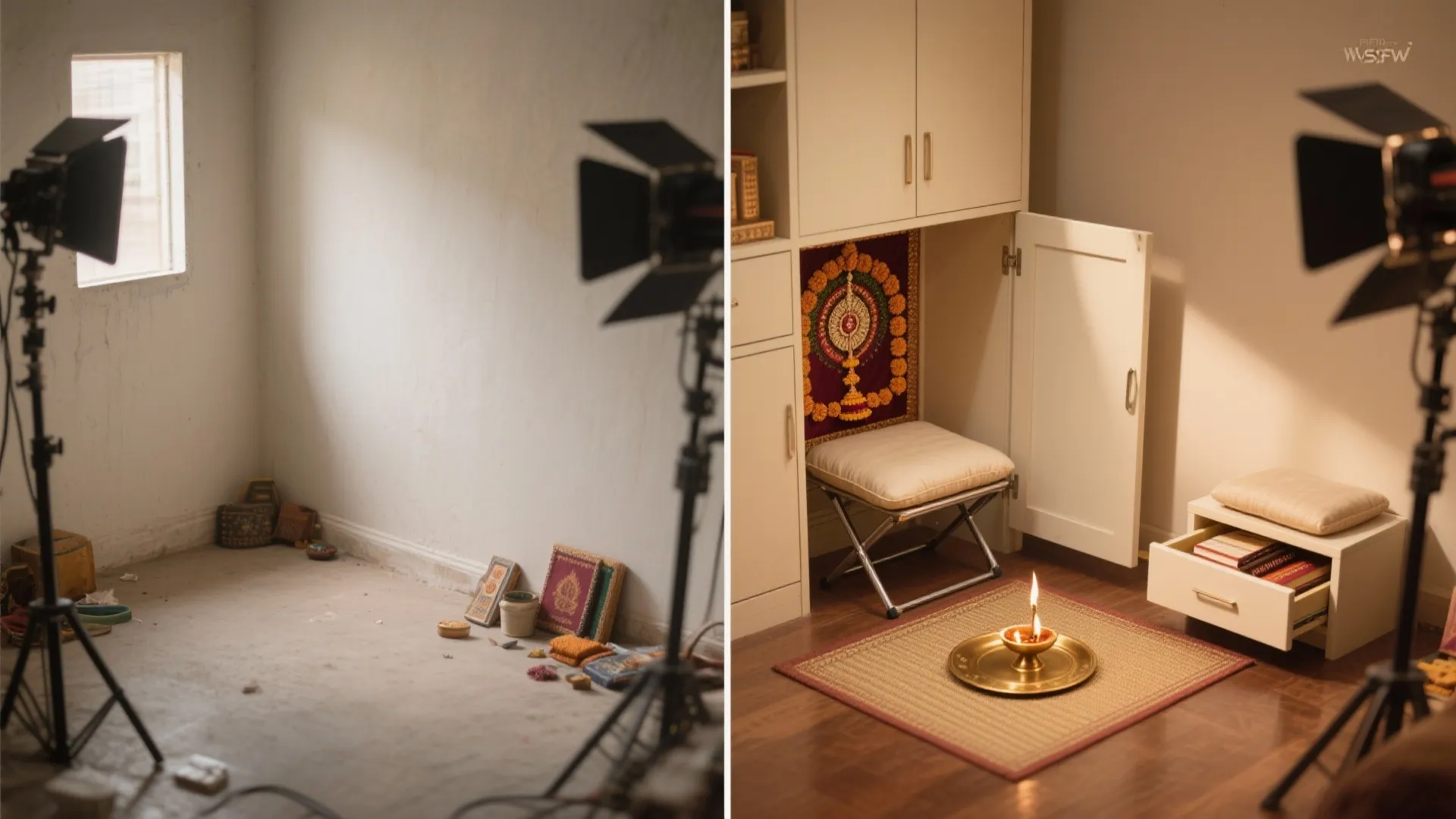 Before and after comparison of bare room corner versus finished prayer space in white cabinet