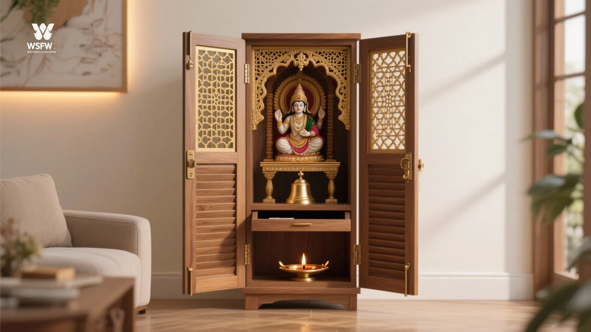 Tall wooden prayer cabinet with open doors showing a small statue and a golden bell